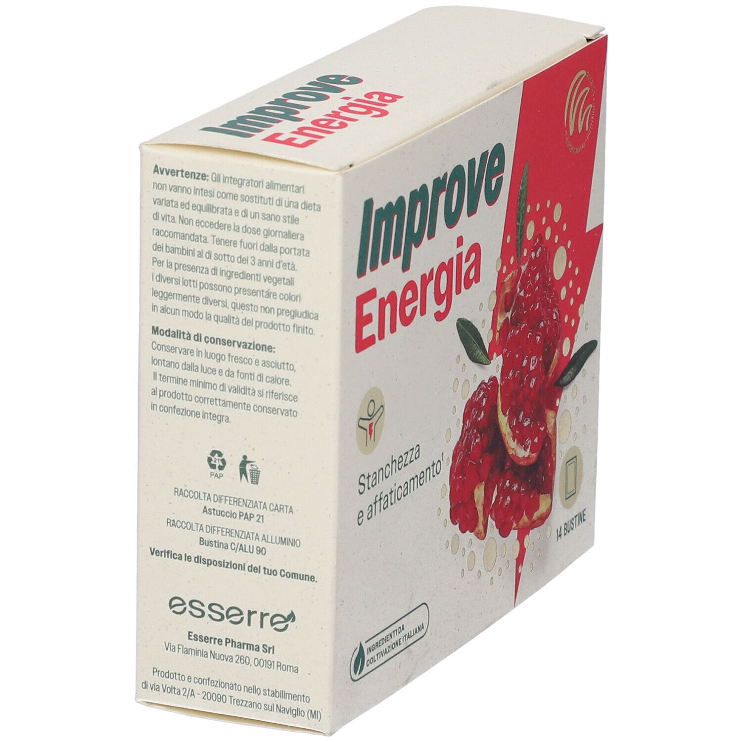 Scatola "Improve Energia". Testo: "Stanchezza e affaticamento". Contiene 14 bustine. Retro con testo e avvertenze.
