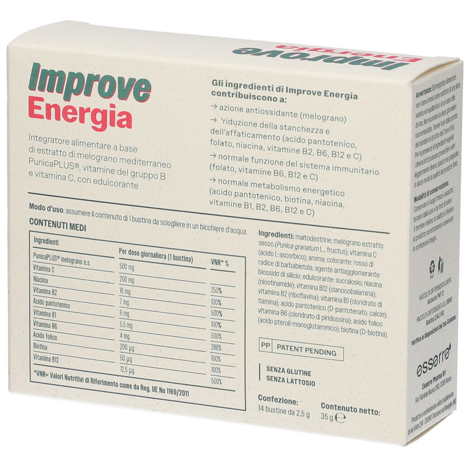 Scatola "Improve Energia". Retro con lista ingredienti e valori nutrizionali. Contiene 14 bustine.