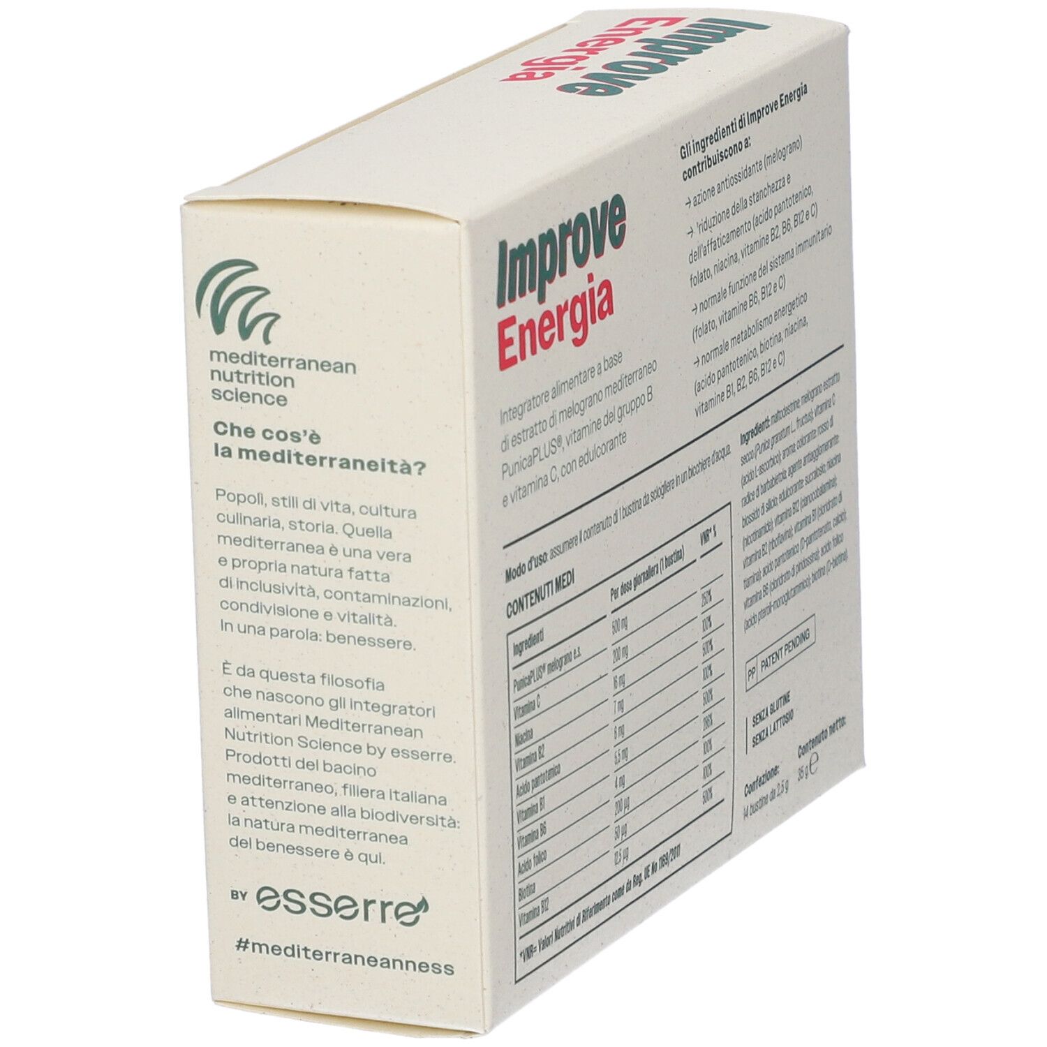 Scatola "Improve Energia". Retro con testo sull'alimentazione mediterranea e gli ingredienti.
