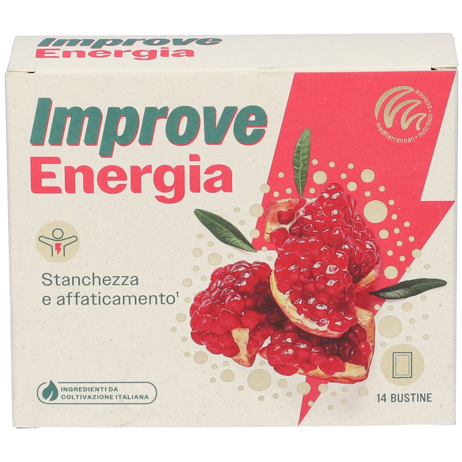 Scatola "Improve Energia" con melograno. Testo: "Stanchezza e affaticamento". Contiene 14 bustine.