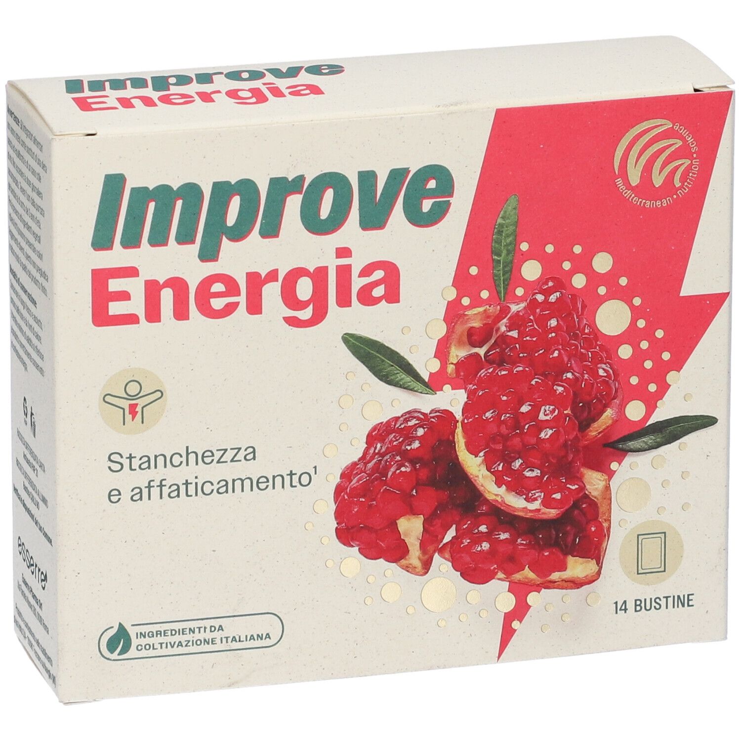 Scatola "Improve Energia" con melograno. Testo: "Stanchezza e affaticamento". Contiene 14 bustine.