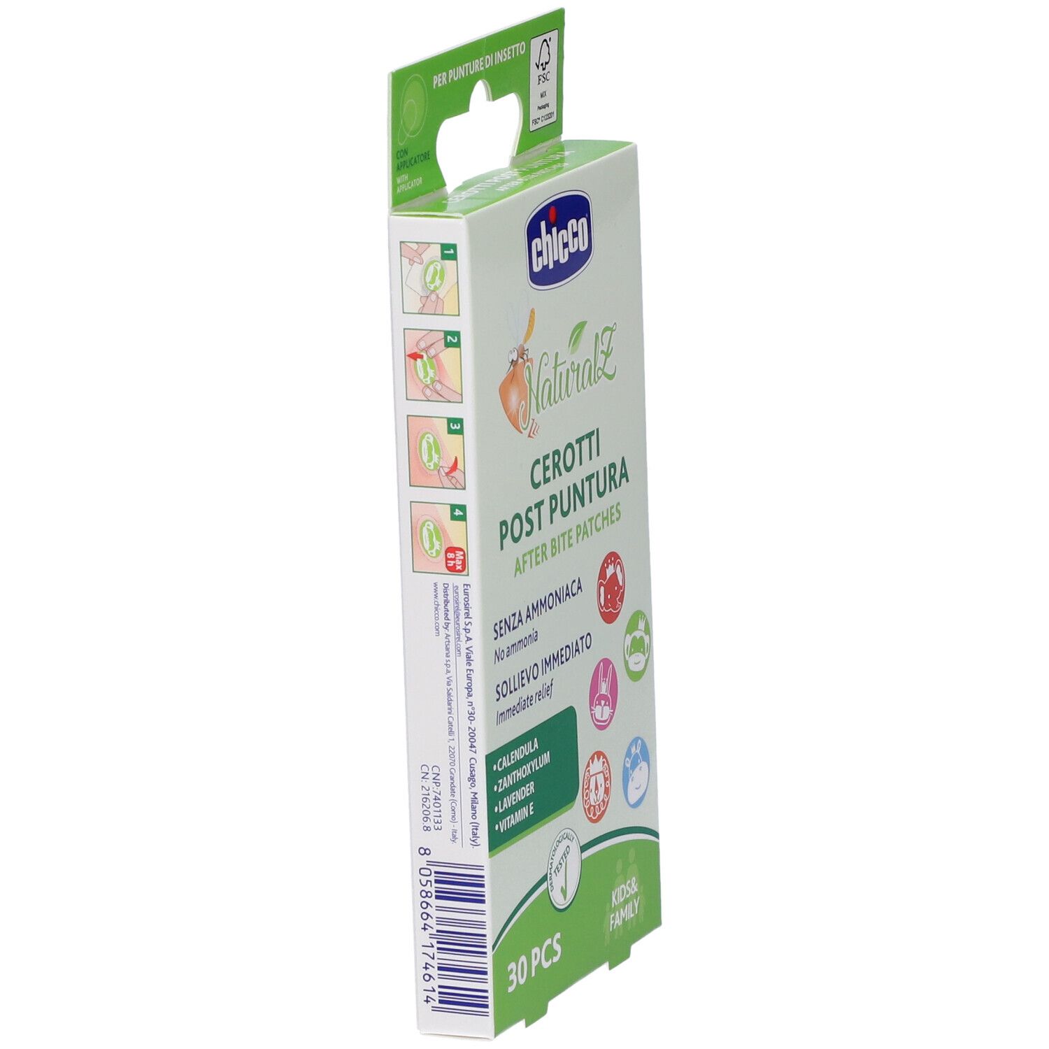Chicco NaturalZ Cerotti Post Puntura, 30 pezzi, vista laterale.