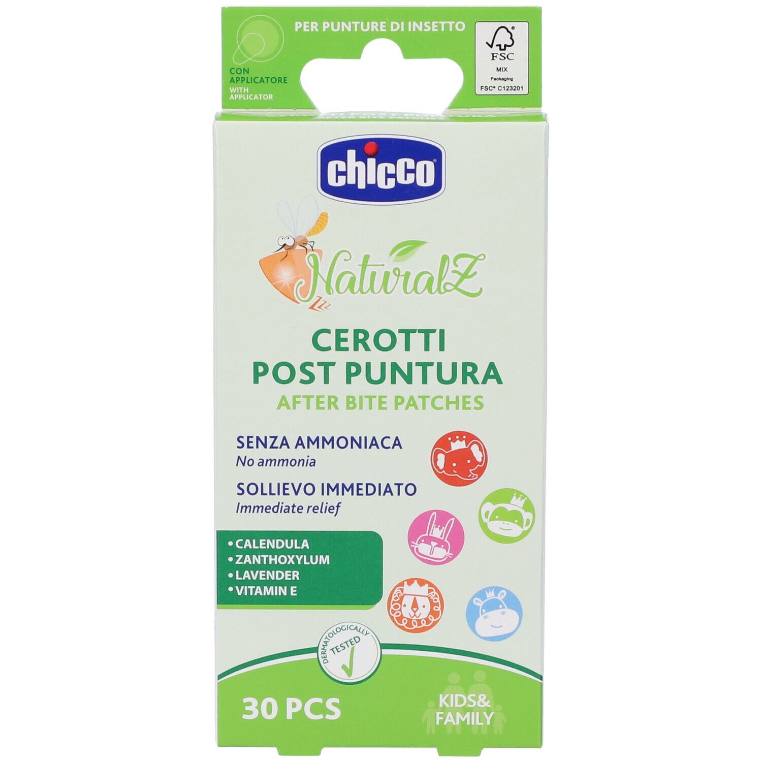 Chicco NaturalZ Cerotti Post Puntura, 30 pezzi, fronte.