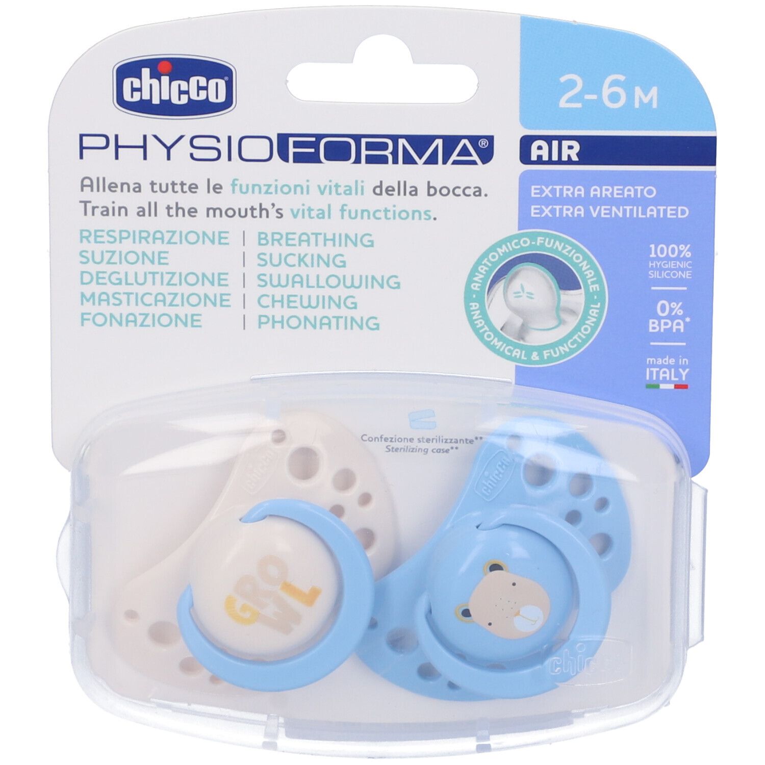 Chicco Succhietti Air Azzurro Silicone 2-6 Mesi