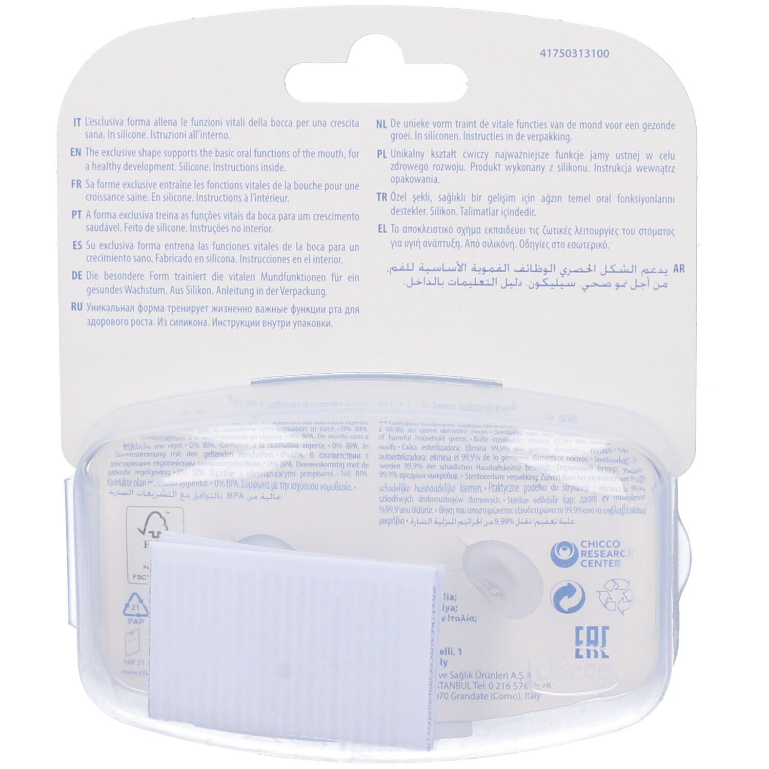 Retro della confezione con testo e loghi. Confezione in plastica trasparente con succhietti.