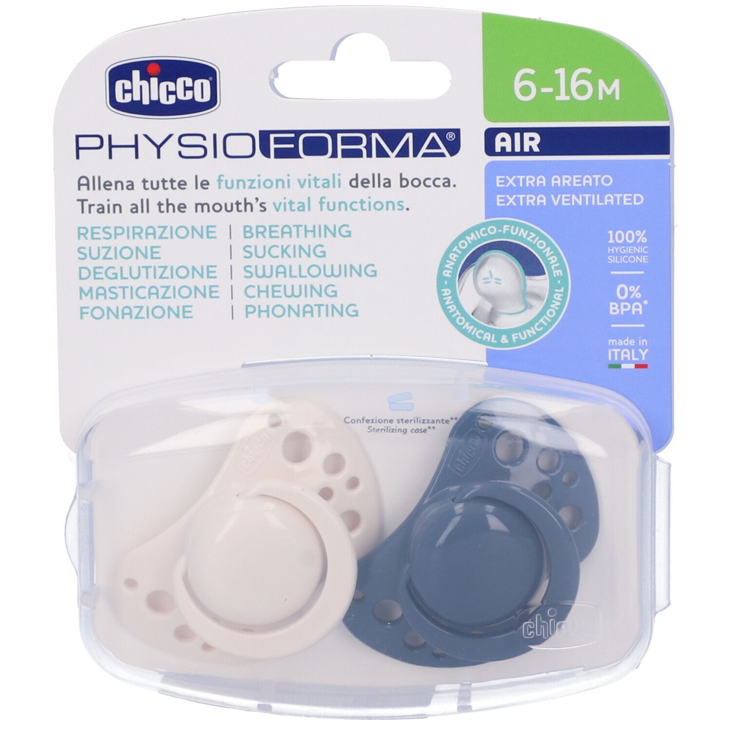 Chicco Succhietti Air Blu Silicone 6-16 Mesi