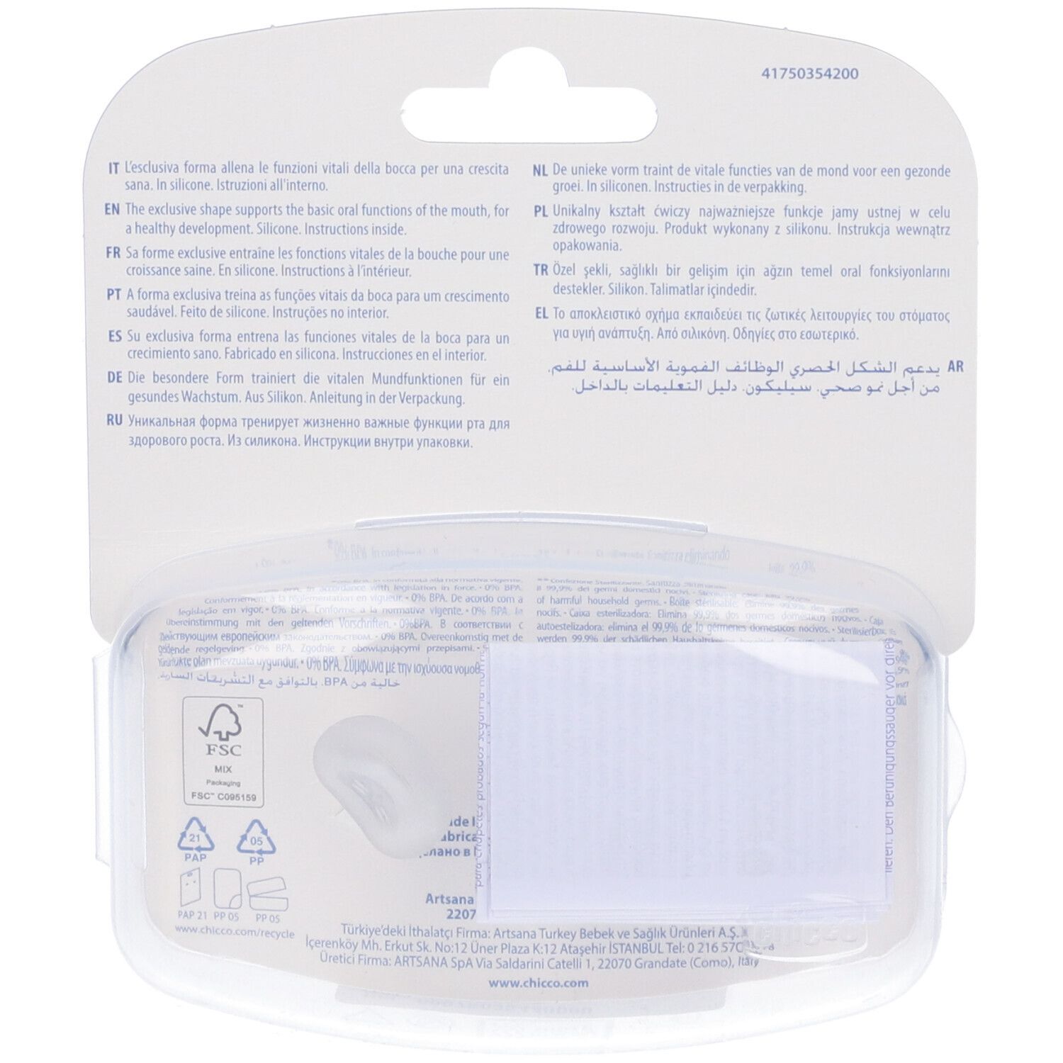 Retro della confezione trasparente con testo multilingue. Logo FSC e altri simboli.