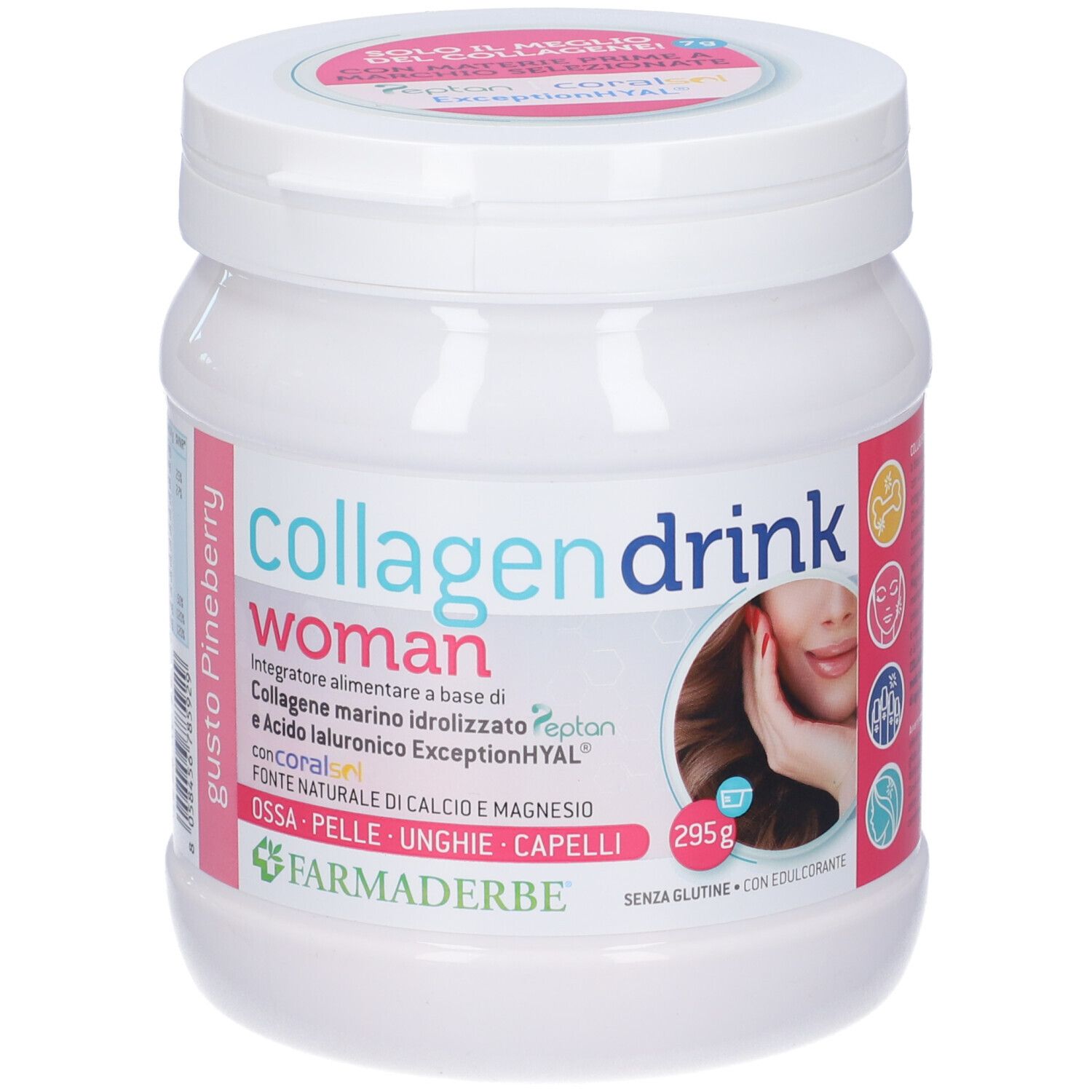 Barattolo bianco con etichetta rosa. Scritta: Collagen Drink Woman. 295g. Contiene Peptan, Hyaluron, Coral.