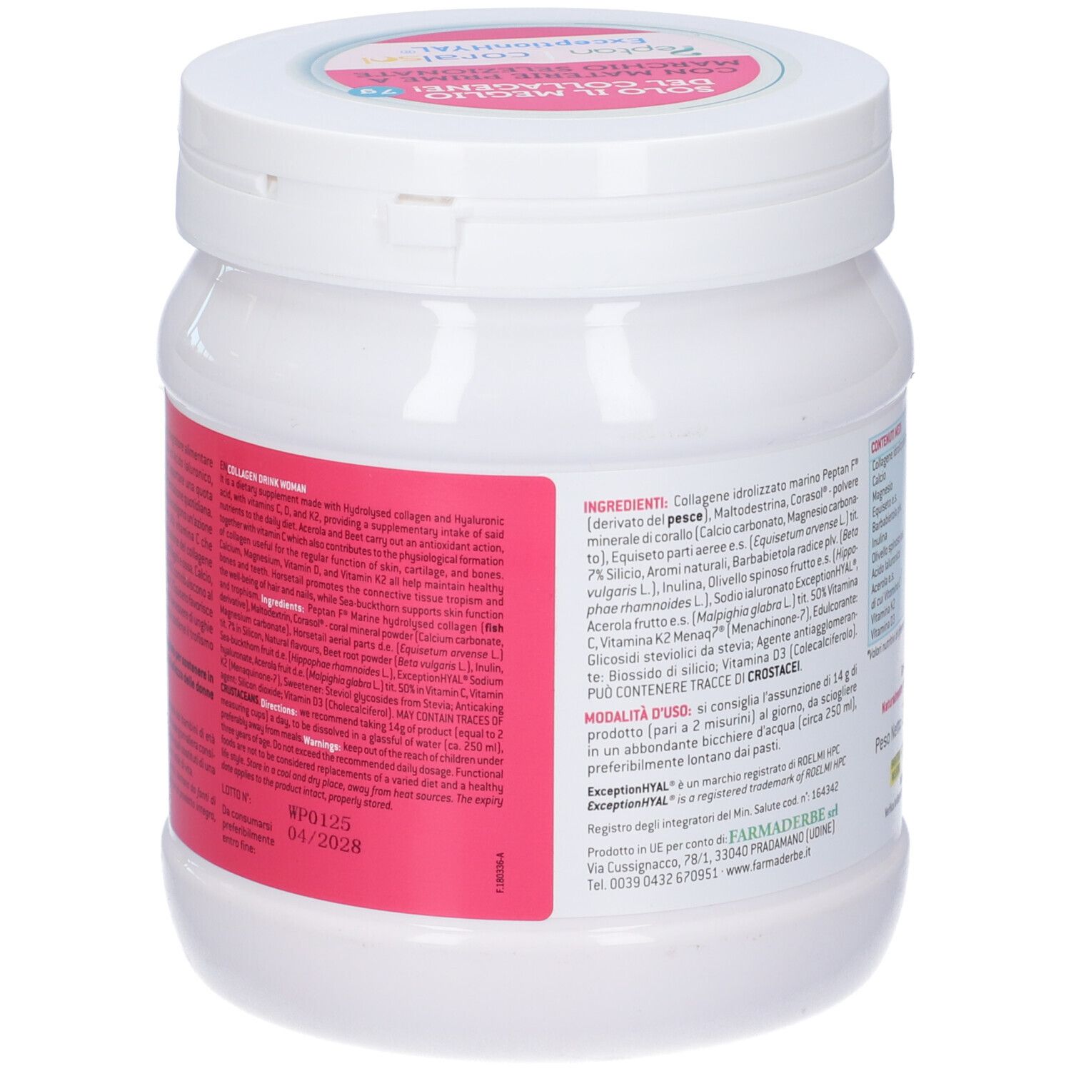 Barattolo bianco con etichetta rosa. Elenco ingredienti. Contiene collagene idrolizzato, acido ialuronico, derivati del pesce.