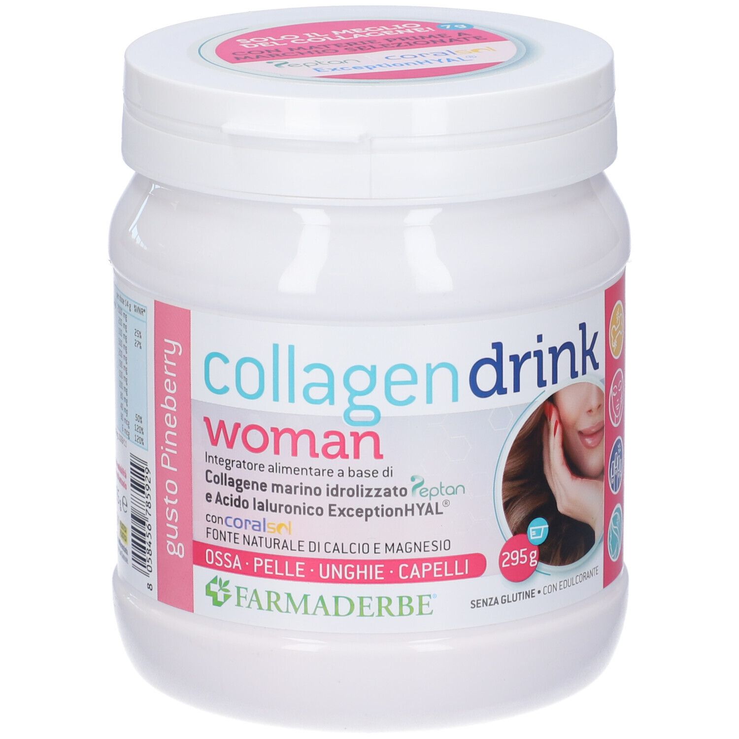 Barattolo bianco con etichetta rosa. Scritta: Collagen Drink Woman. 295g. Contiene Peptan, Hyaluron, Coral.