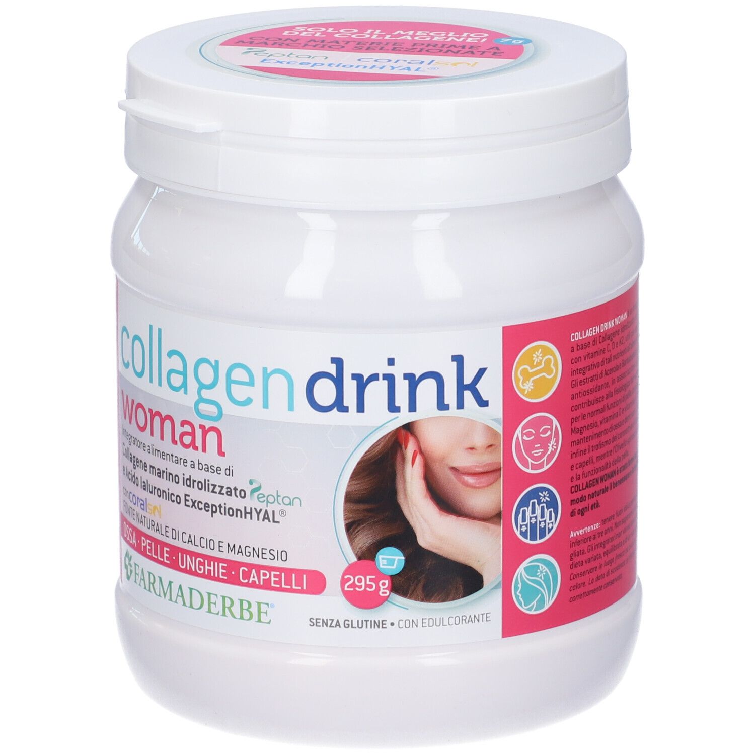 Barattolo bianco con etichetta rosa. Scritta: Collagen Drink Woman. 295g. Immagine di una donna.