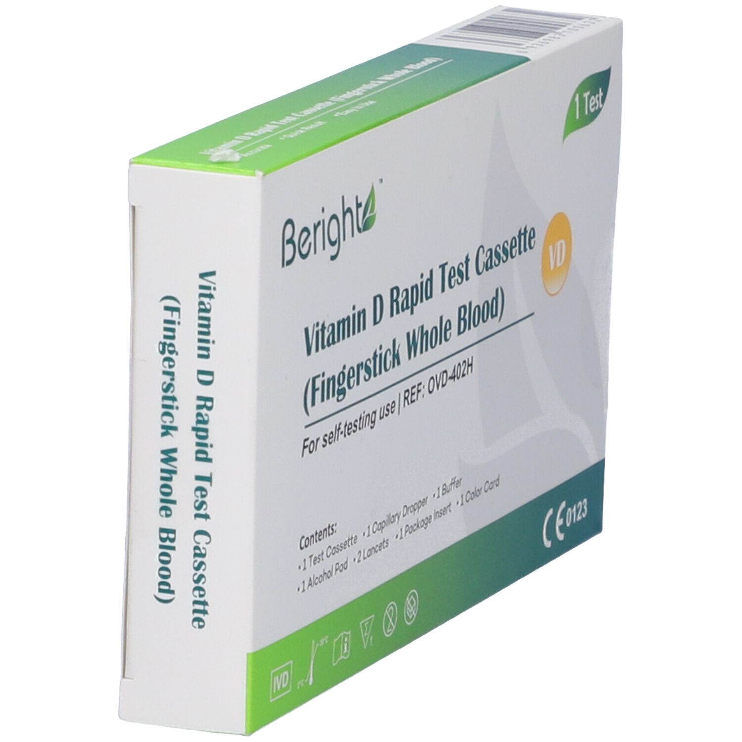 Vista angolata della confezione del test rapido Beright Vitamina D. Bianca con accenti verdi. Contiene cassetta, contagocce, tampone, lancette e tabella colori.