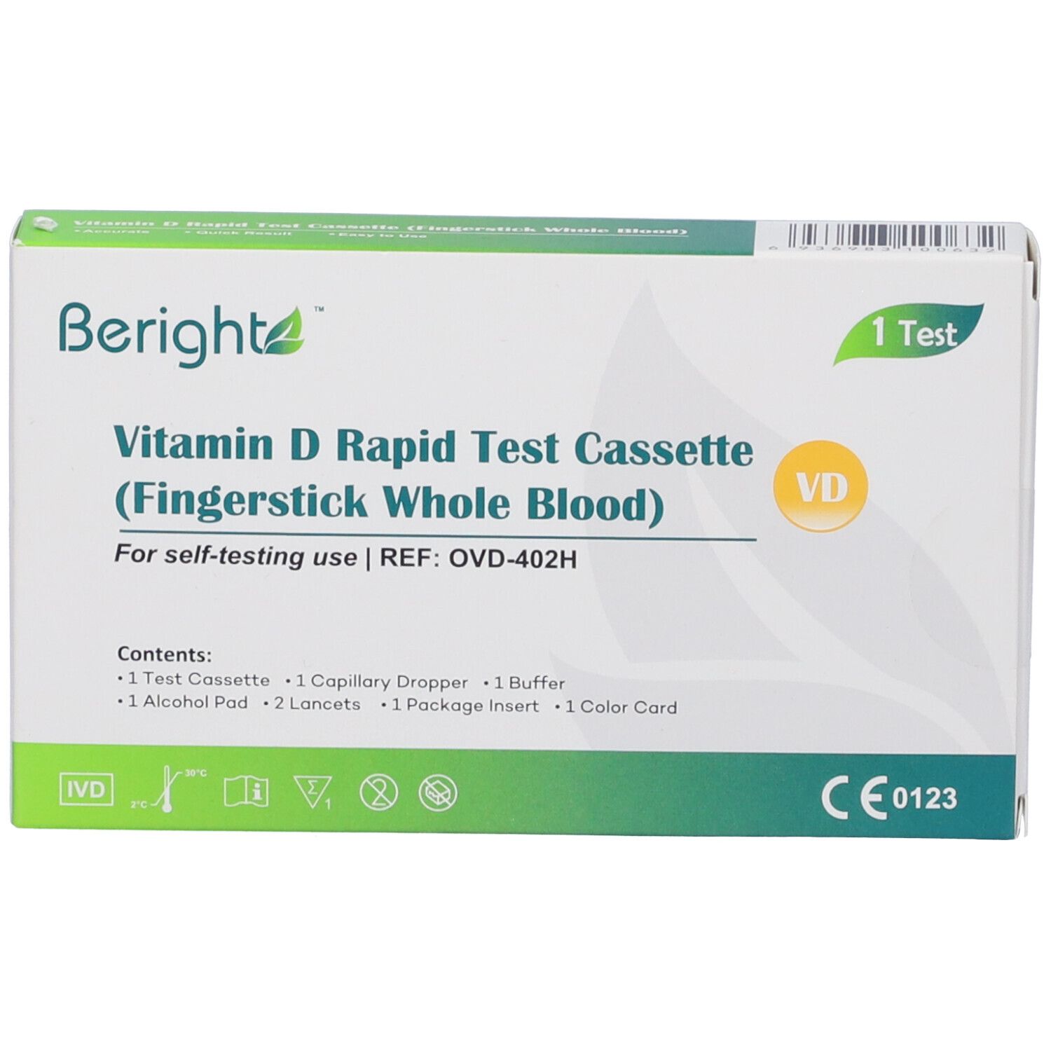 Confezione del test rapido Beright Vitamina D. Bianca con accenti verdi. Contiene cassetta, contagocce, tampone, lancette e tabella colori. Marchio CE.