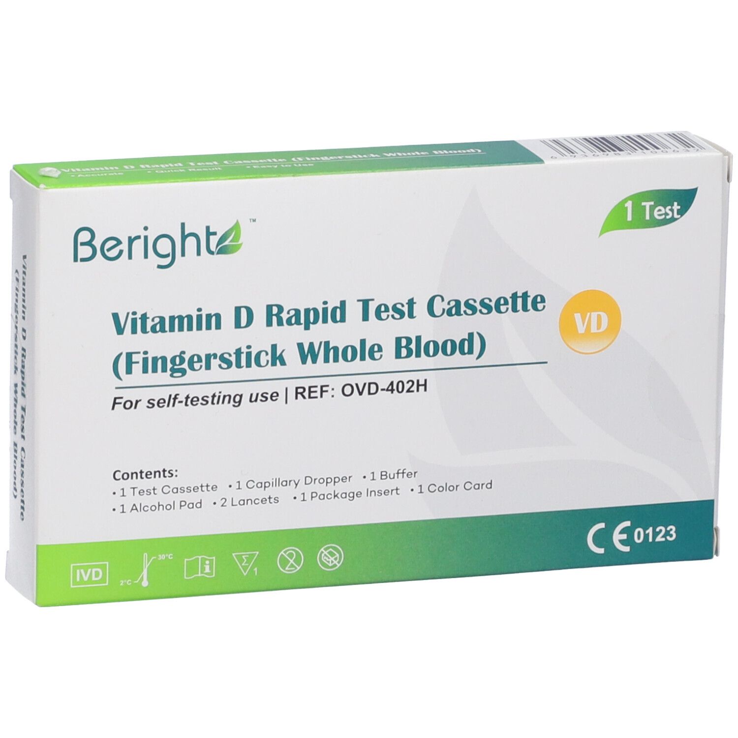 Confezione del test rapido Beright Vitamina D. Bianca con accenti verdi. Contiene cassetta, contagocce, tampone, lancette e tabella colori. Marchio CE.