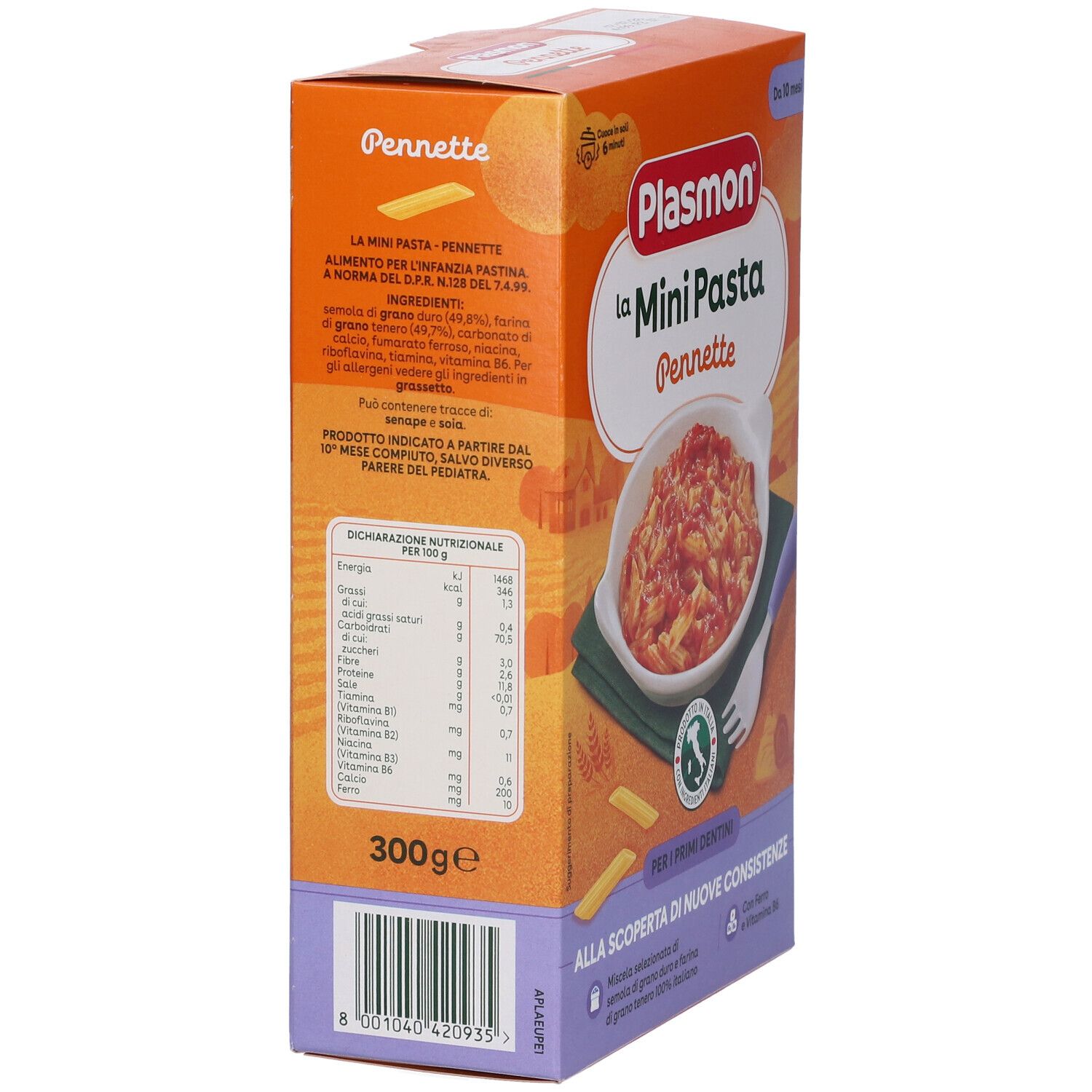 Confezione di Pastina Pennette. Vista laterale con nome del prodotto, informazioni nutrizionali e peso. Contiene codice a barre e marchio di qualità italiano.