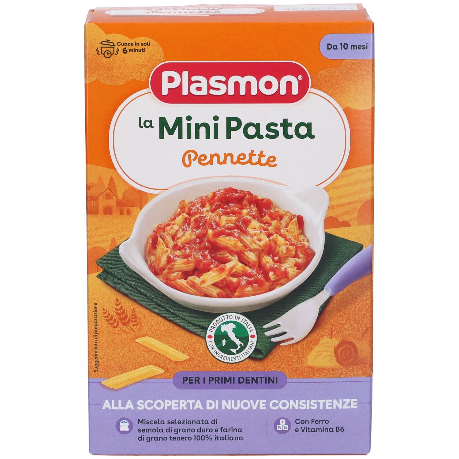 Confezione di Pastina Pennette. Scatola arancione con nome del prodotto e immagine di pasta in una ciotola. Contiene marchio di qualità italiano.