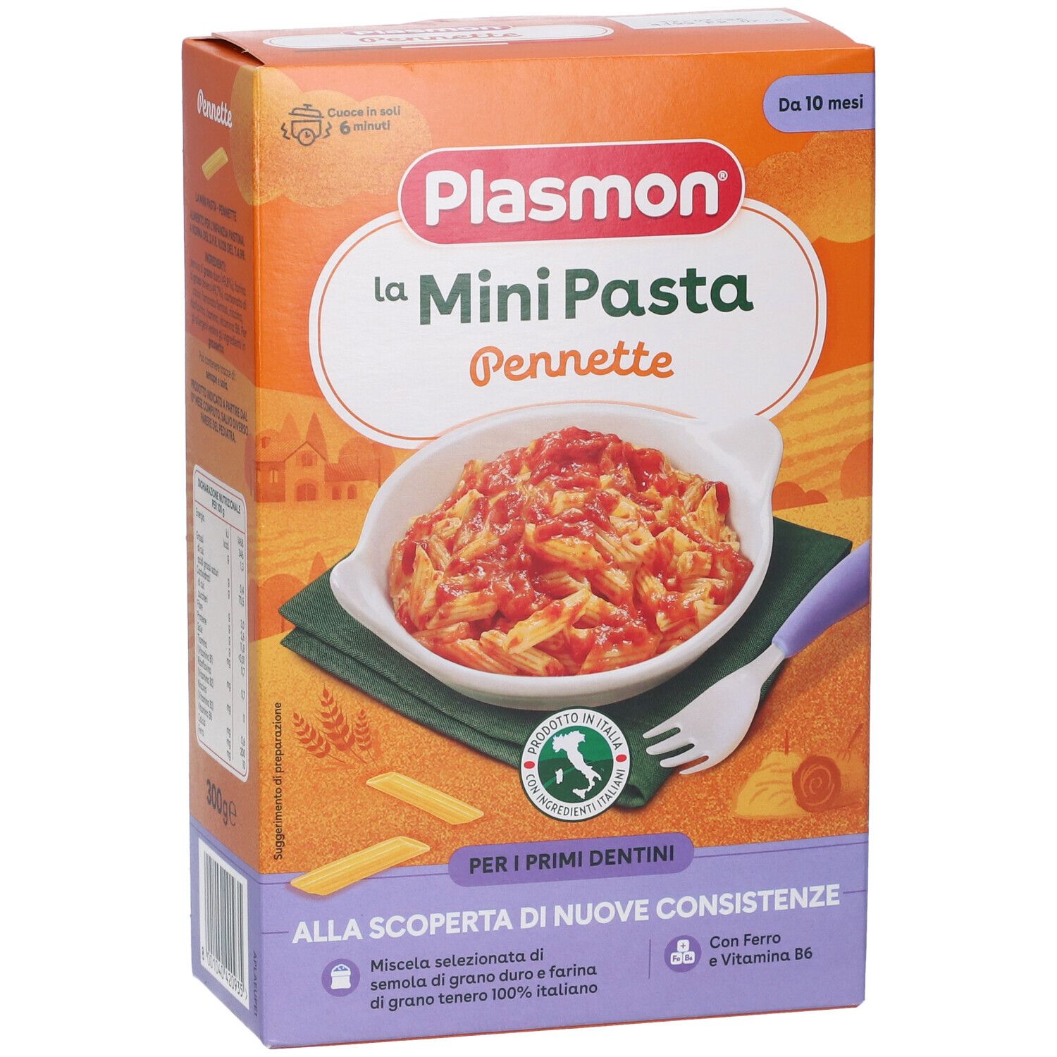 Confezione di Pastina Pennette. Scatola arancione con nome del prodotto e immagine di pasta in una ciotola. Contiene marchio di qualità italiano.