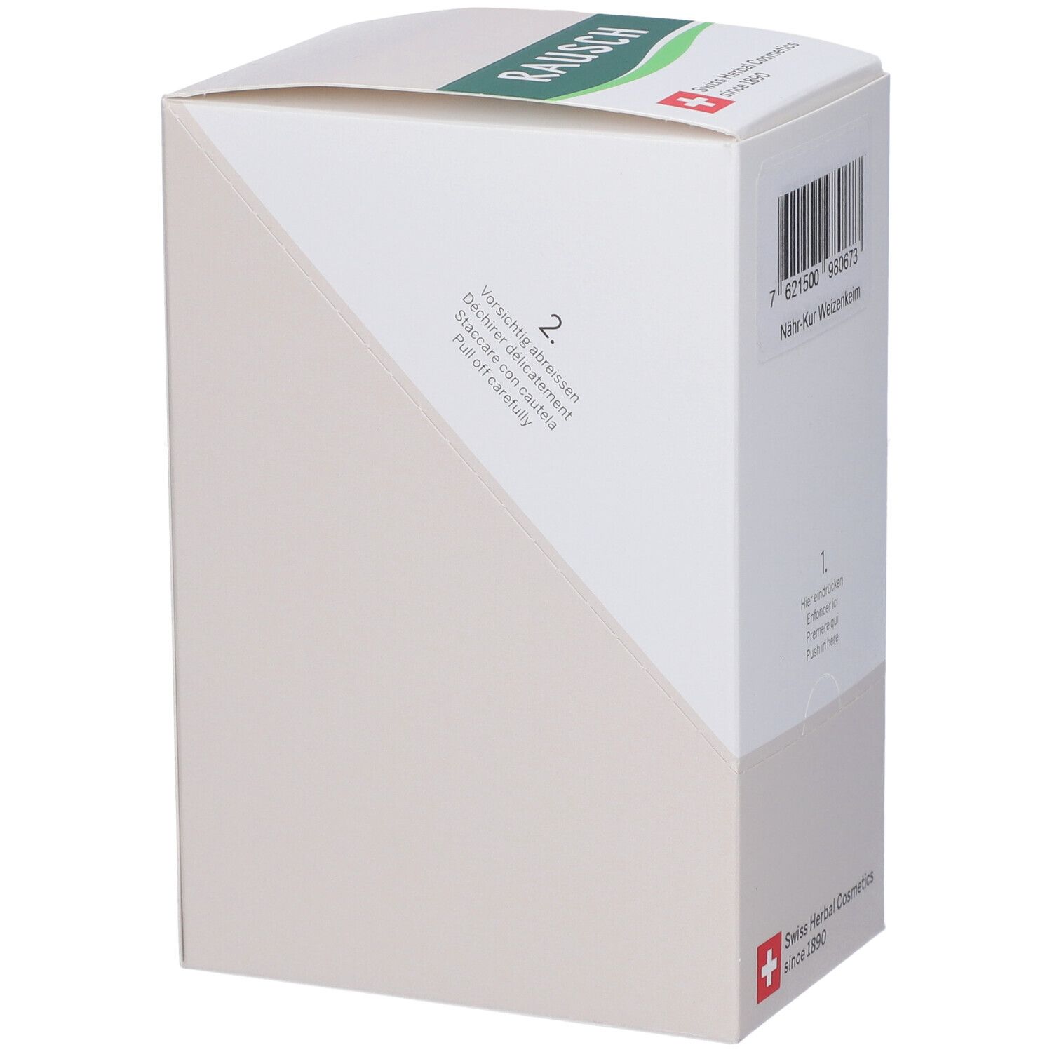 Scatola bianca con testo e logo. Scritto: Staccare con cautela. Logo: Croce Svizzera. Marchio: RAUSCH.