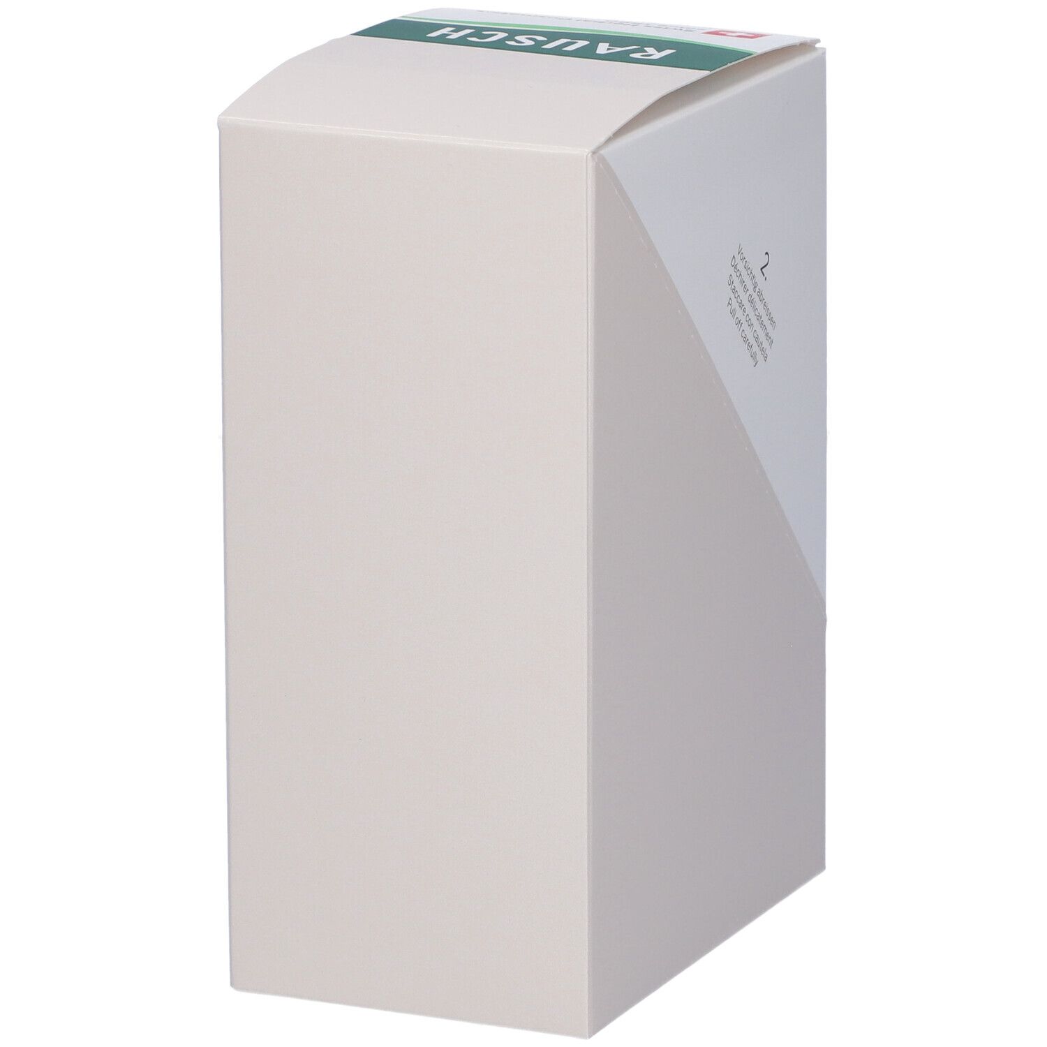 Scatola bianca con parte superiore arrotondata. Marchio: RAUSCH. Logo: Croce Svizzera. Testo illeggibile.