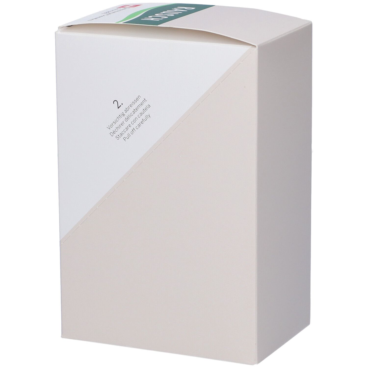 Scatola bianca con parte superiore arrotondata. Scritto: Staccare con cautela. Logo: Croce Svizzera. Marchio: RAUSCH.