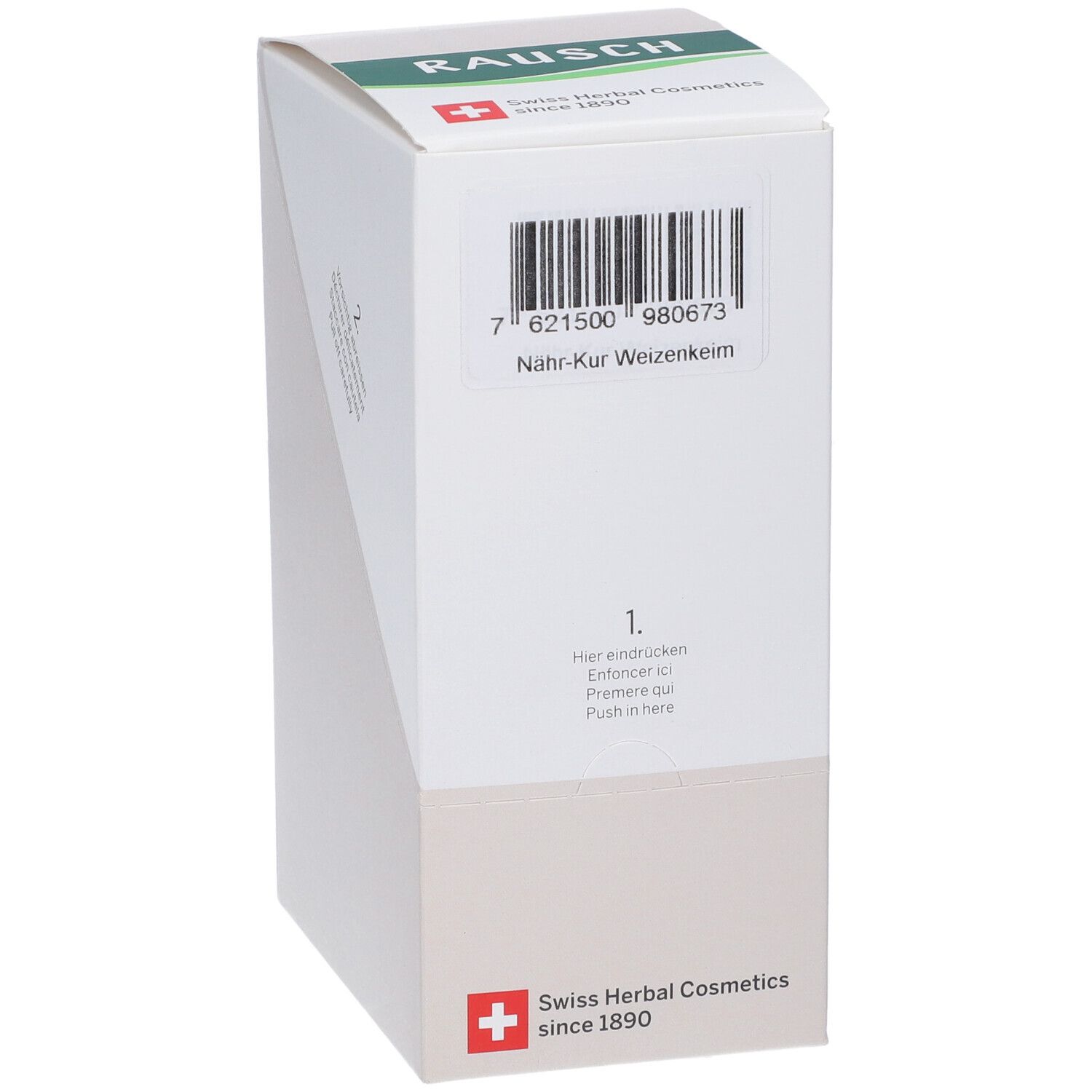 Scatola bianca con codice a barre e testo. Scritto: Nähr-Kur Weizenkeim. Logo: Croce Svizzera. Marchio: RAUSCH.