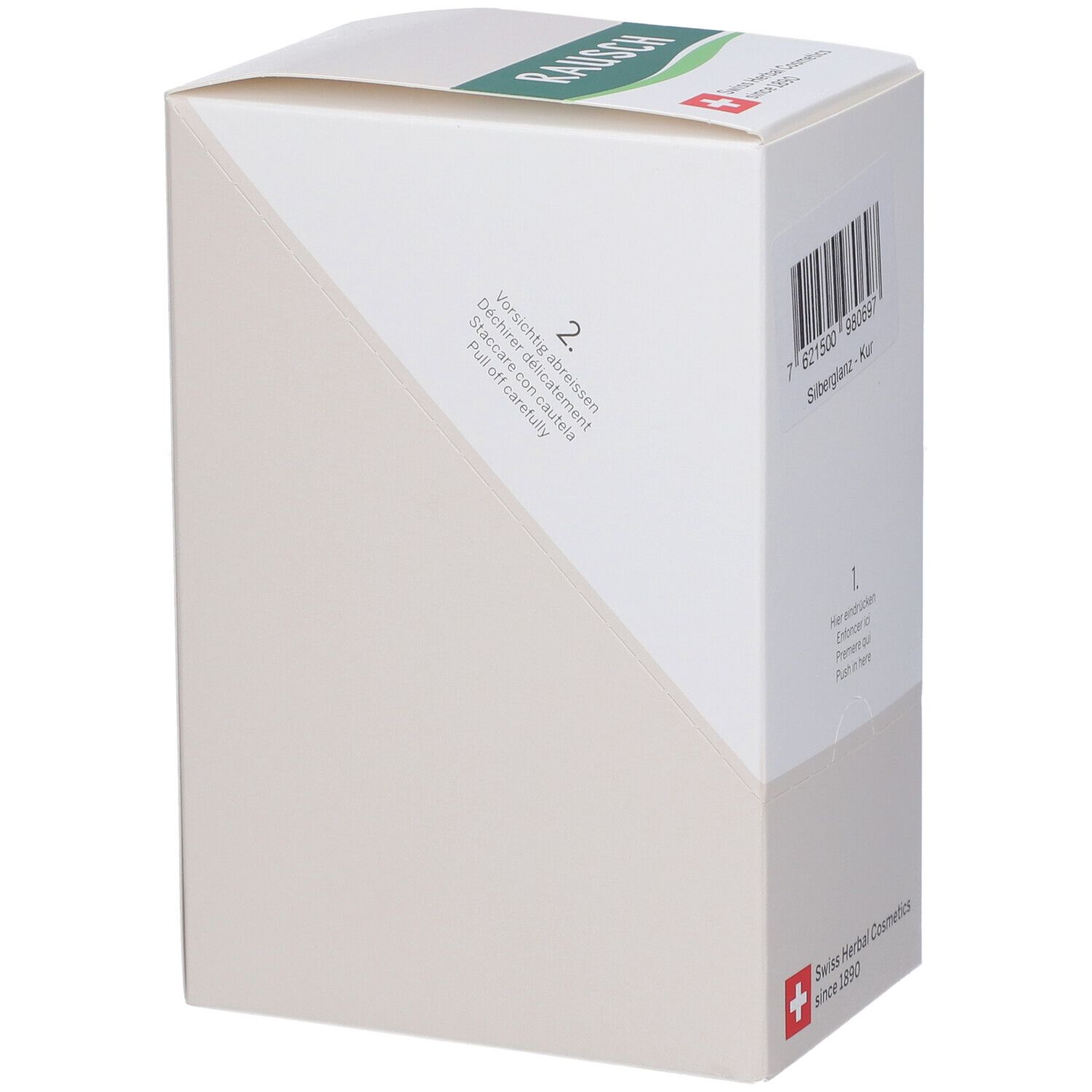 Scatola bianca con scritta verde RAUSCH. Testo e codice a barre. Cosmetici erboristici svizzeri dal 1890. Angolo con istruzioni.