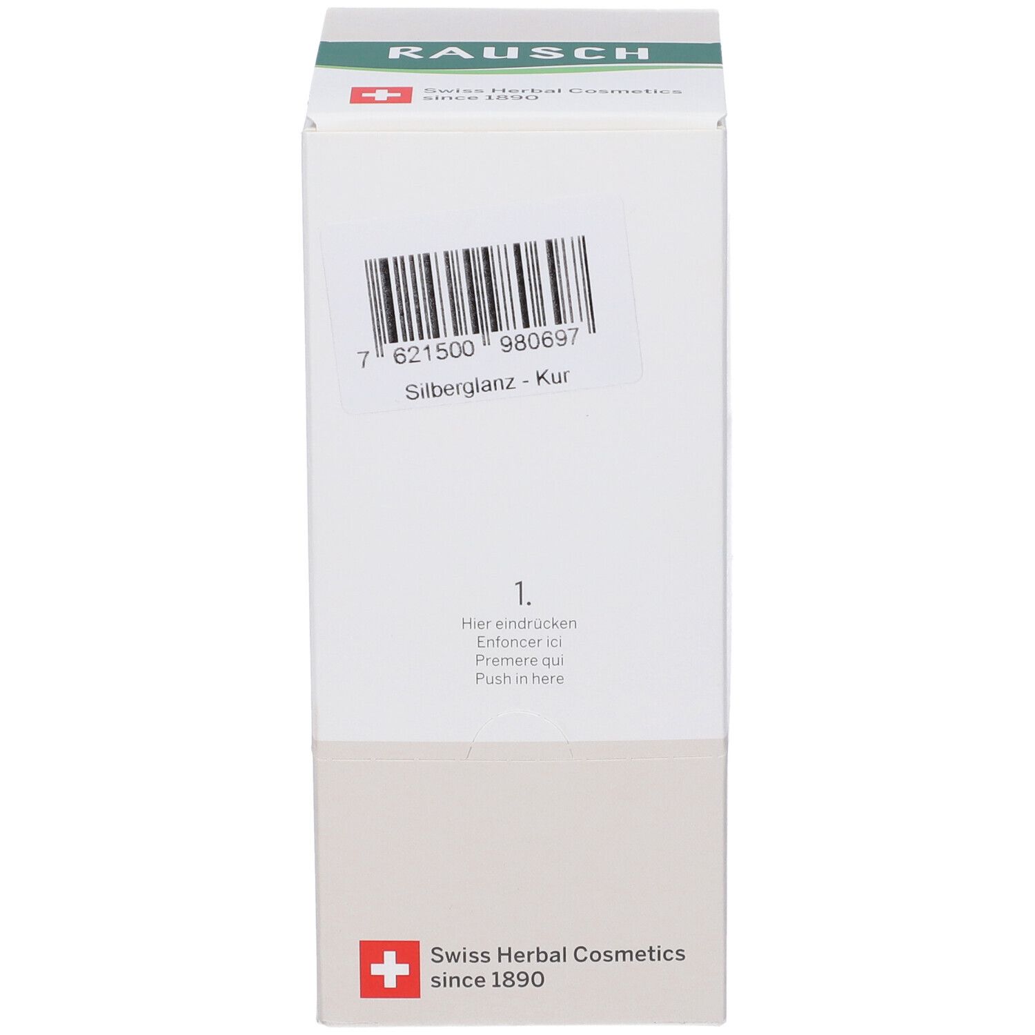 Scatola bianca con scritta verde RAUSCH. Codice a barre e testo Silberglnaz-Kur. Cosmetici erboristici svizzeri dal 1890.