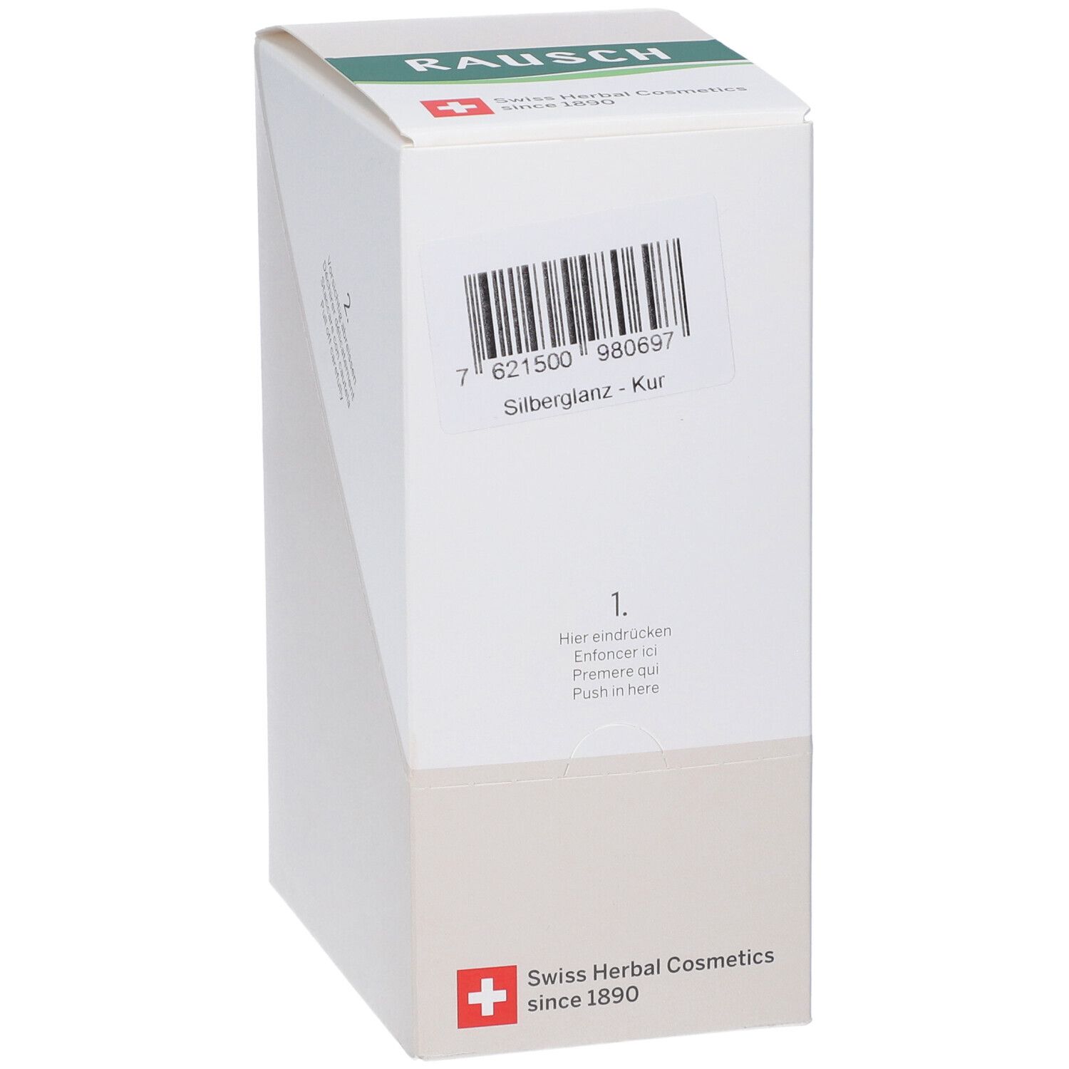 Scatola bianca con scritta verde RAUSCH. Codice a barre e testo Silberglnaz-Kur. Cosmetici erboristici svizzeri dal 1890.
