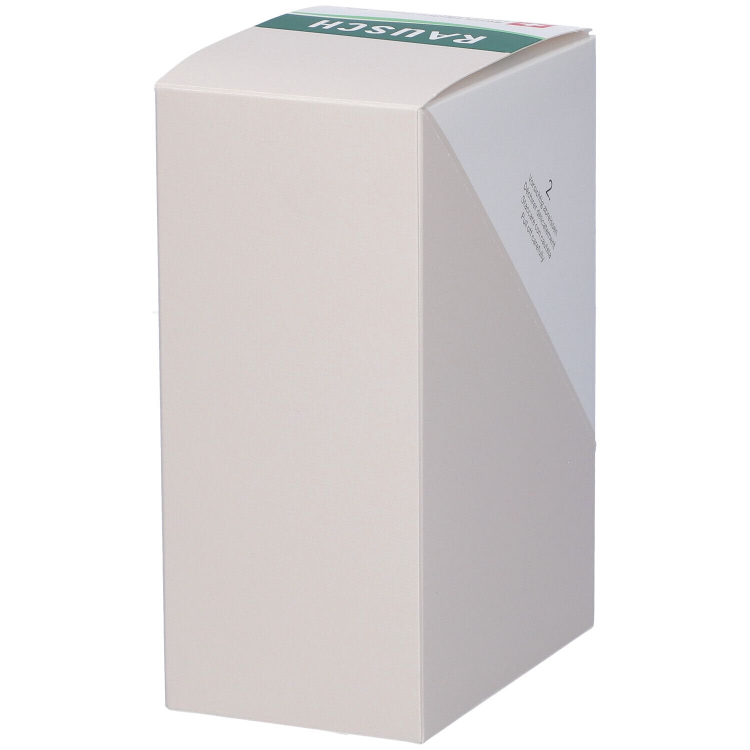 Scatola bianca con dettagli verdi e beige. Logo Rausch in alto. Vista laterale.