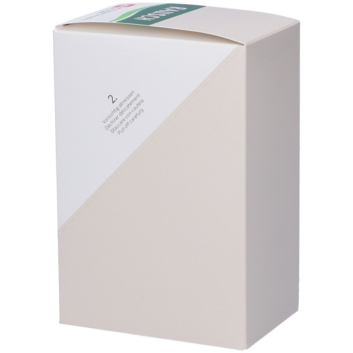 Scatola con dettagli verdi e beige. Testo: Strappare con cautela. Vista laterale.