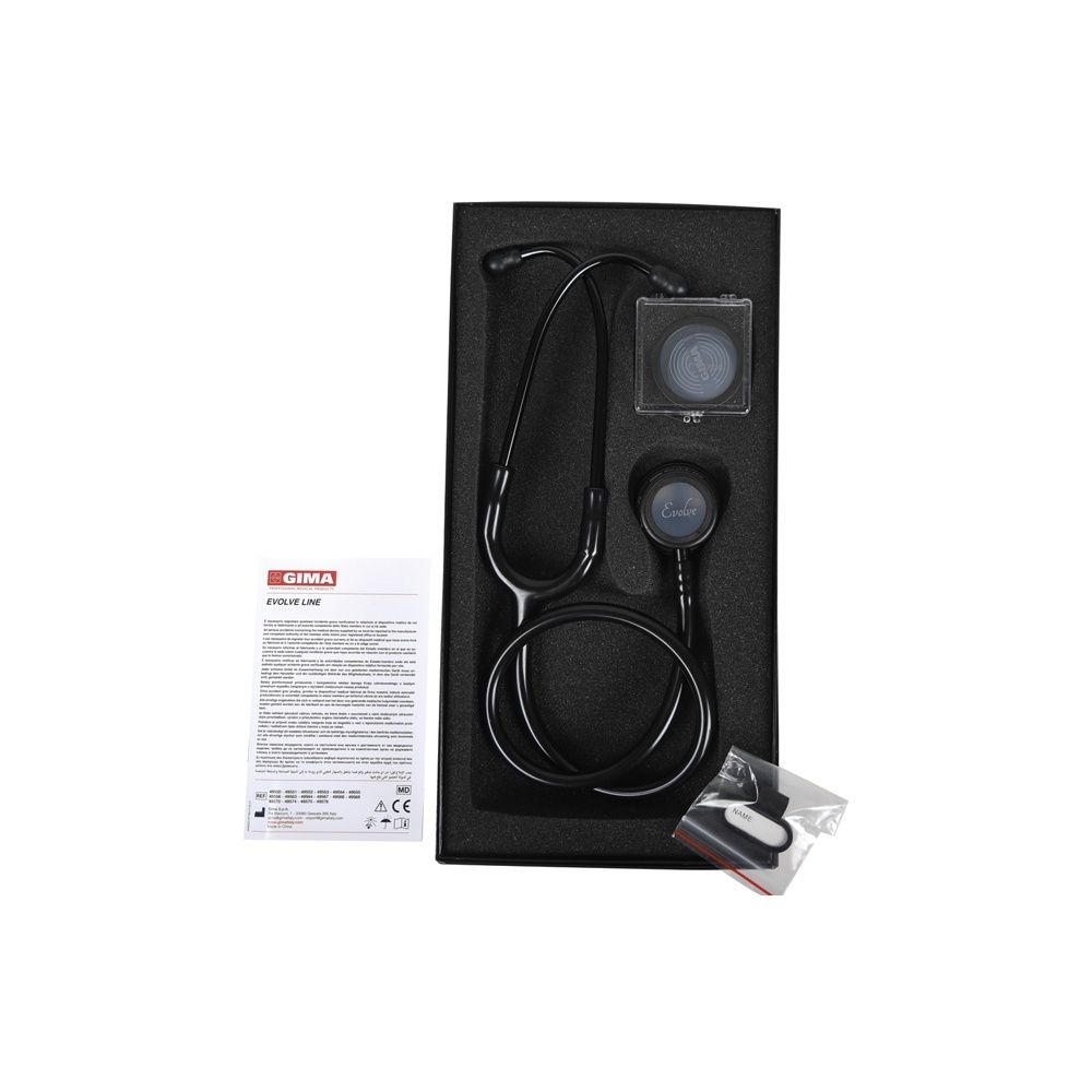 Stetoscopio in confezione nera. Accessori e istruzioni inclusi.