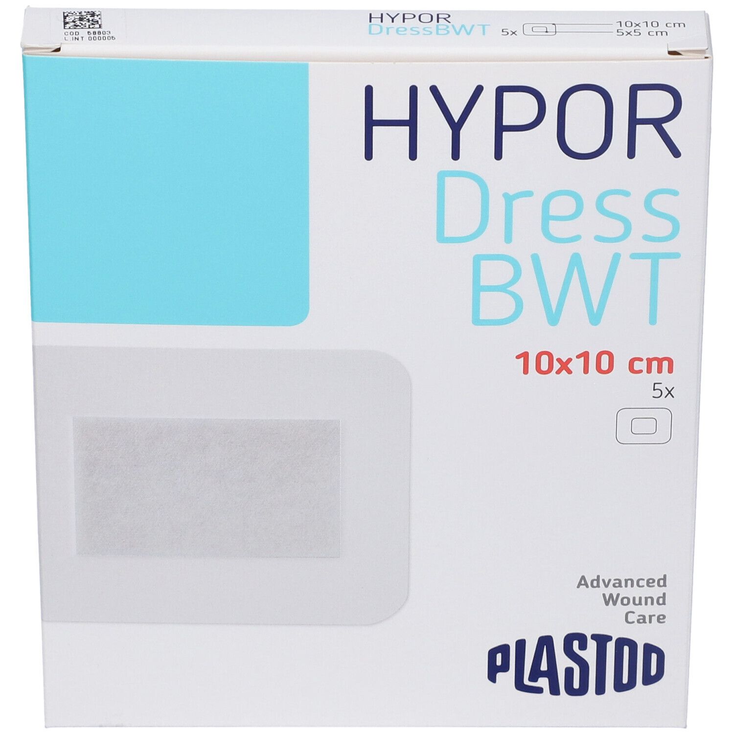 Confezione di HYPOR Dress BWT, 10x10 cm, 5 pezzi. Marchio PLASTOD. Vista frontale.