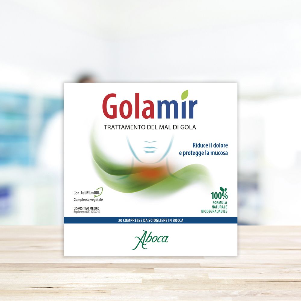 Confezione di compresse Golamir. Scritta: Golamir, trattamento del mal di gola. Logo Aboca.