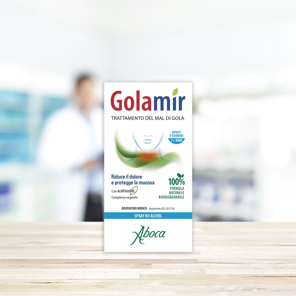 Confezione di Golamir Spray No Alcool. Testo: Golamir, trattamento del mal di gola. Formula naturale al 100%. Aboca.