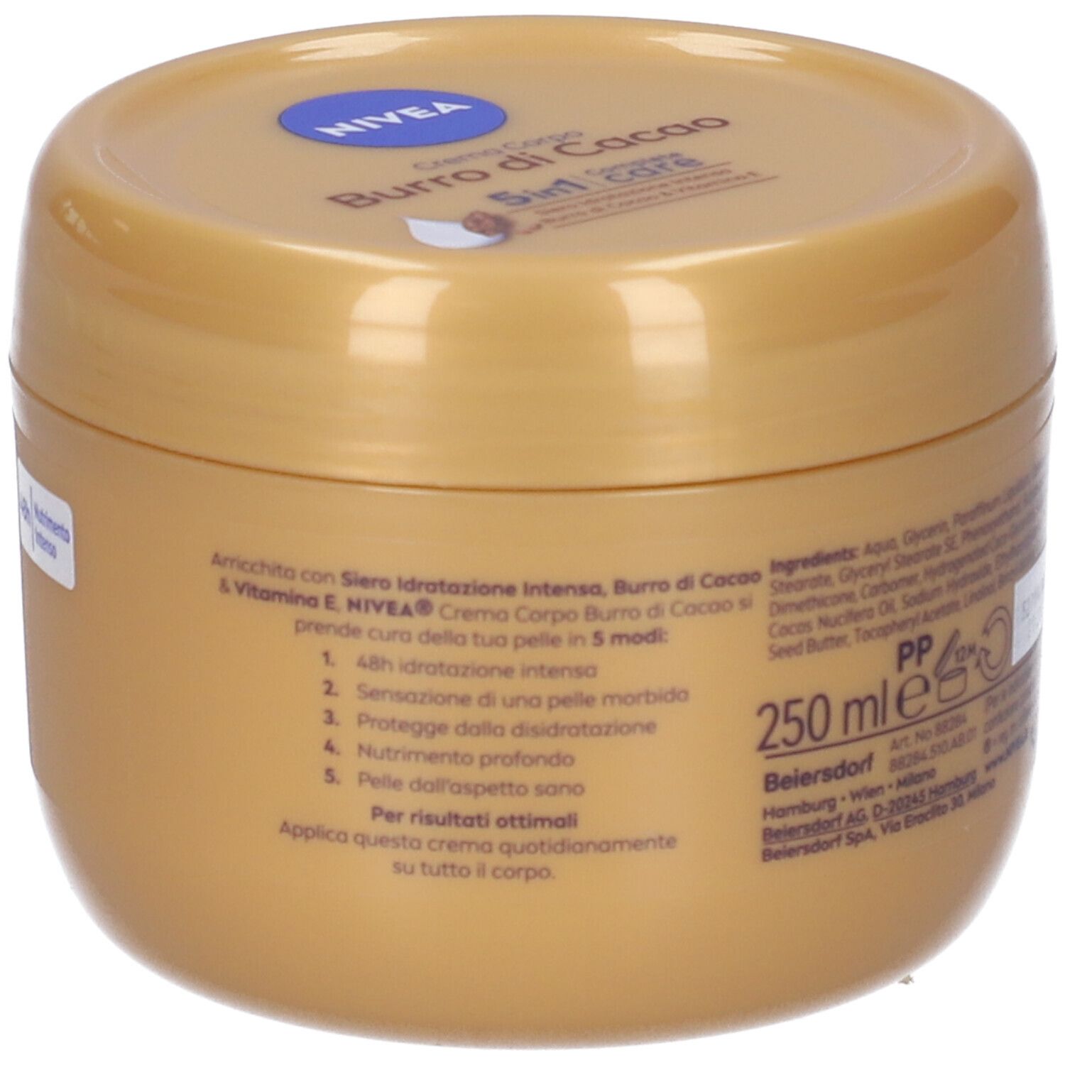 Retro del barattolo di crema. Testo sugli ingredienti e i benefici. Scritta: 250 ml.