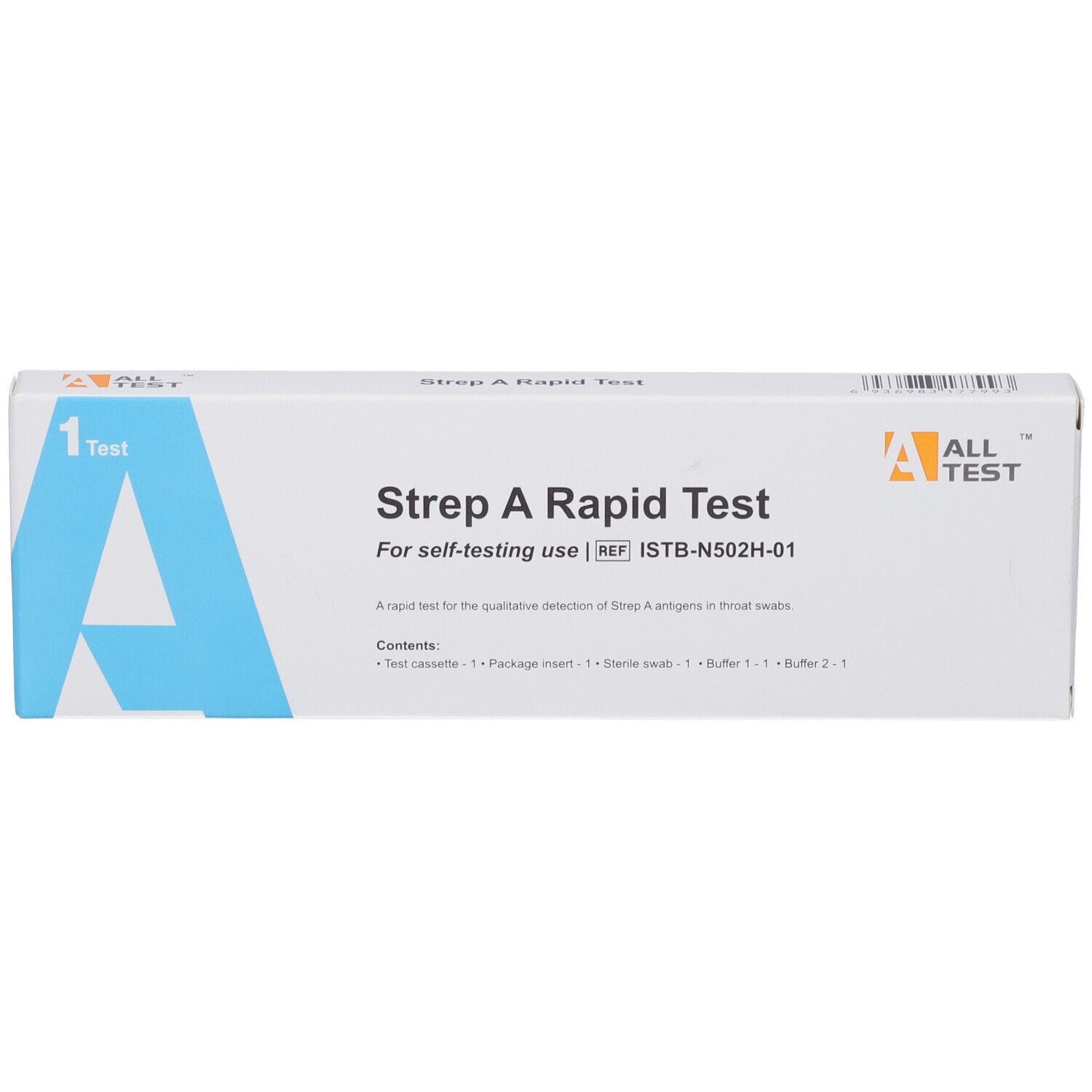 Confezione di test rapido Strep A. Dicitura 'Strep A Rapid Test', 'ALL TEST' e '1 Test'.