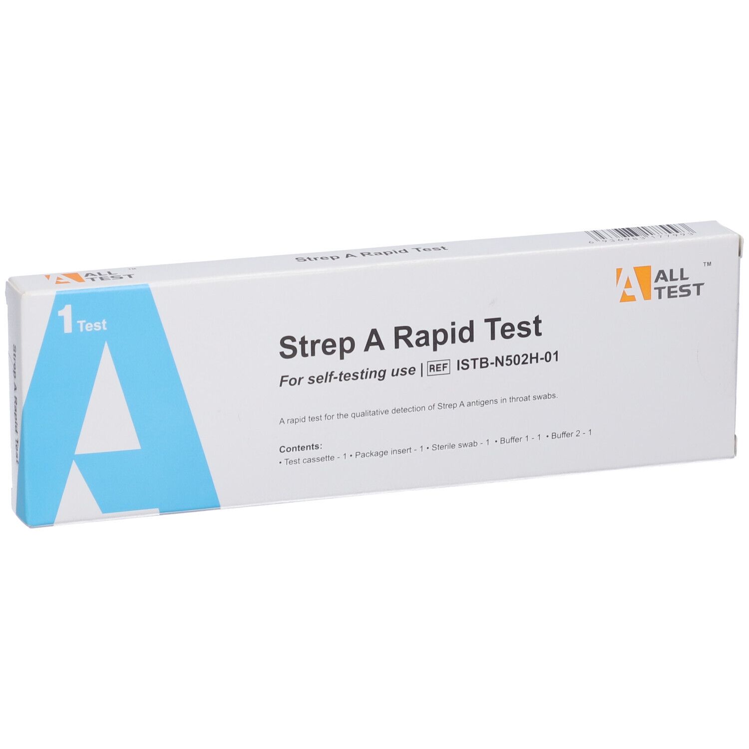 Fronte della confezione di un test rapido Strep A. Contiene cassetta di test, foglietto illustrativo, tampone e buffer.