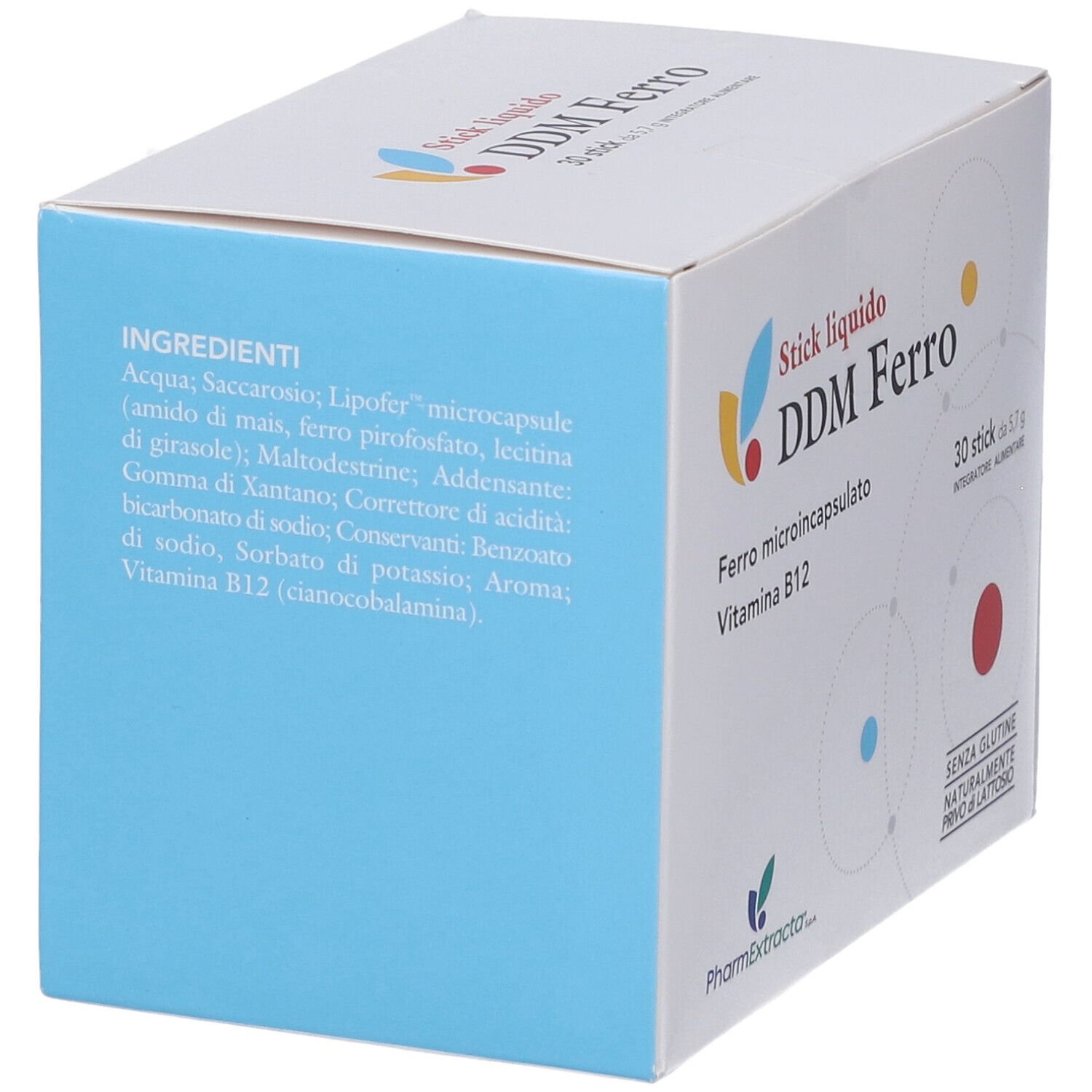 Scatola bianca con elenco ingredienti. Contiene DDM Ferro, 30 stick. Marchio PharmExtracta.