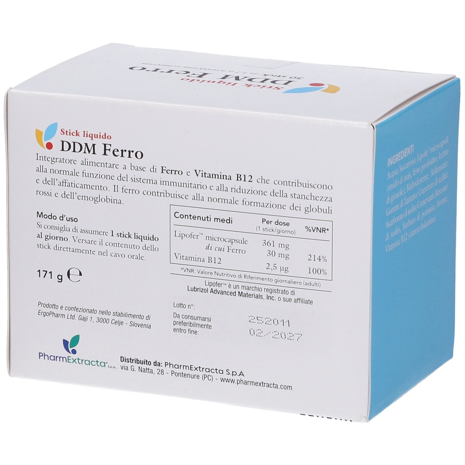 Scatola bianca con informazioni DDM Ferro. Contiene 30 stick. Marchio PharmExtracta.