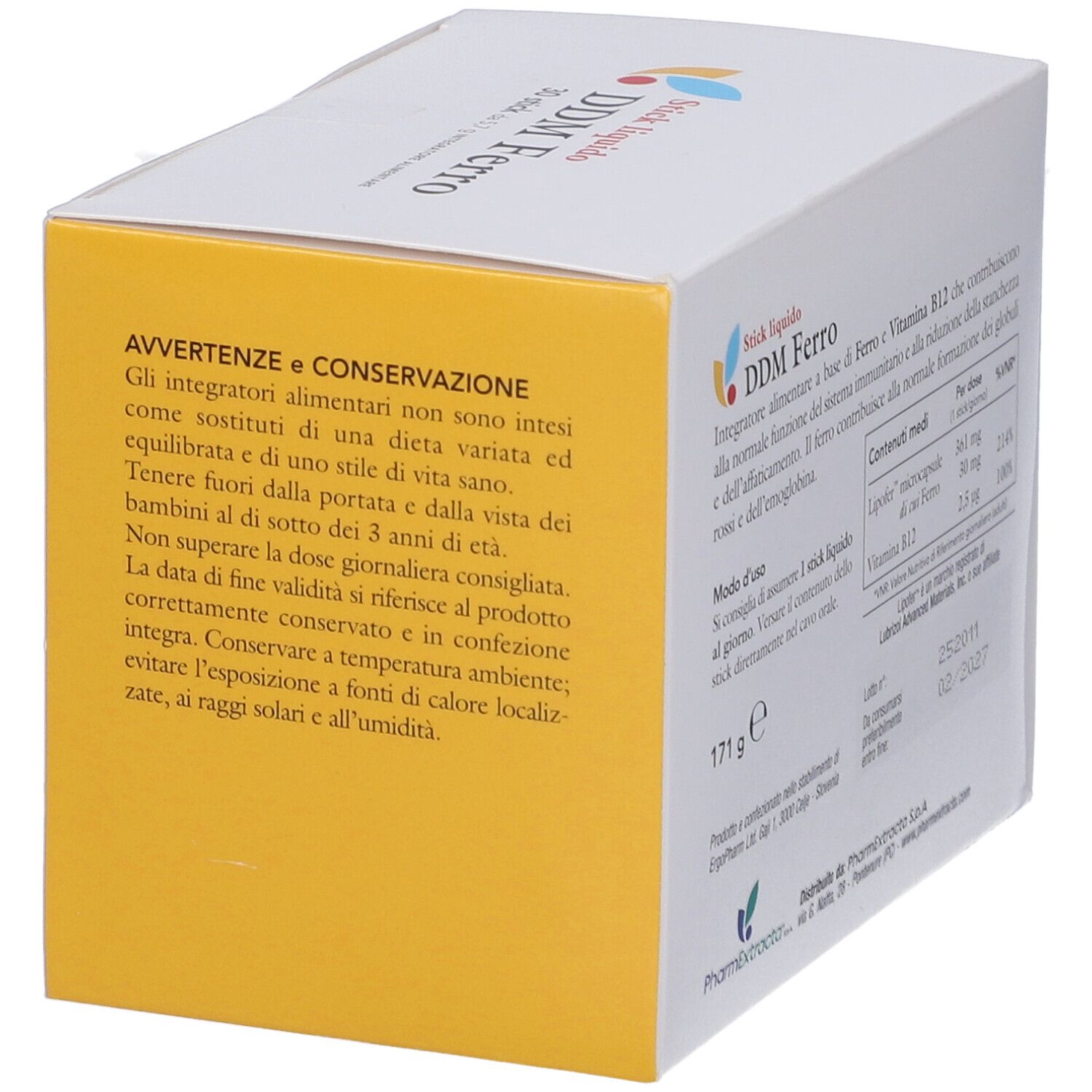 Scatola bianca con avvertenze DDM Ferro. Contiene 30 stick. Marchio PharmExtracta.