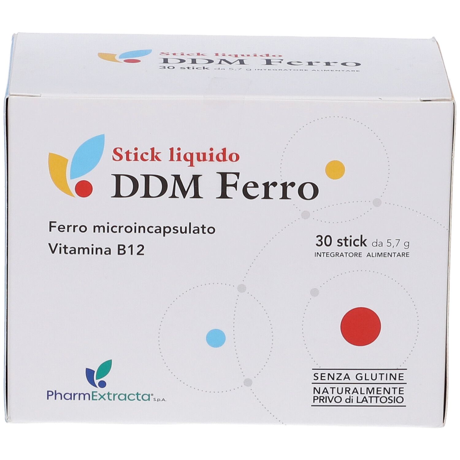 Scatola bianca DDM Ferro. Contiene 30 stick. Senza glutine e lattosio. Marchio PharmExtracta.