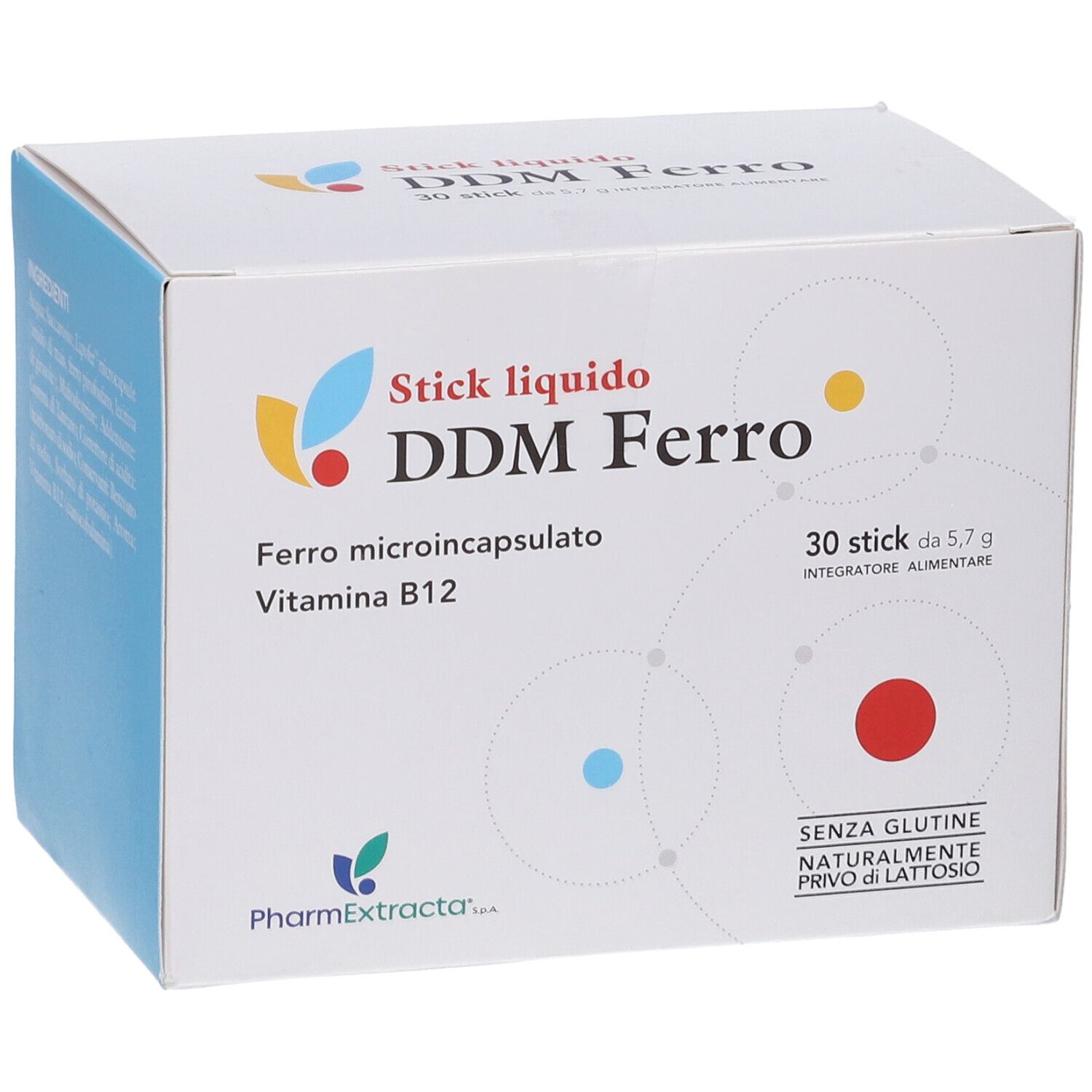 Scatola bianca DDM Ferro. Contiene 30 stick. Senza glutine e lattosio. Marchio PharmExtracta.