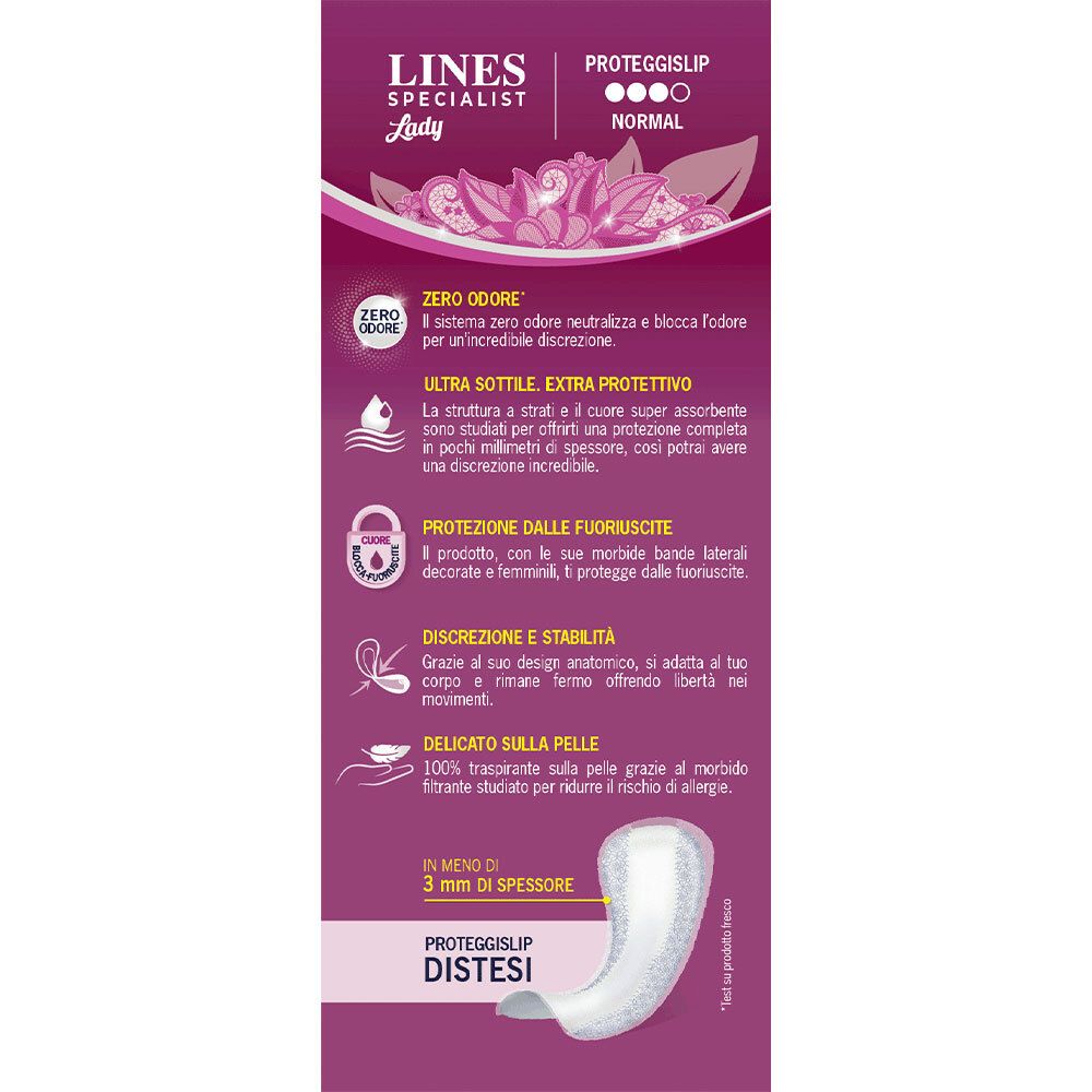 Retro della confezione Lines Specialist Lady Proteggislip Normal. Testo e illustrazioni su caratteristiche e uso.