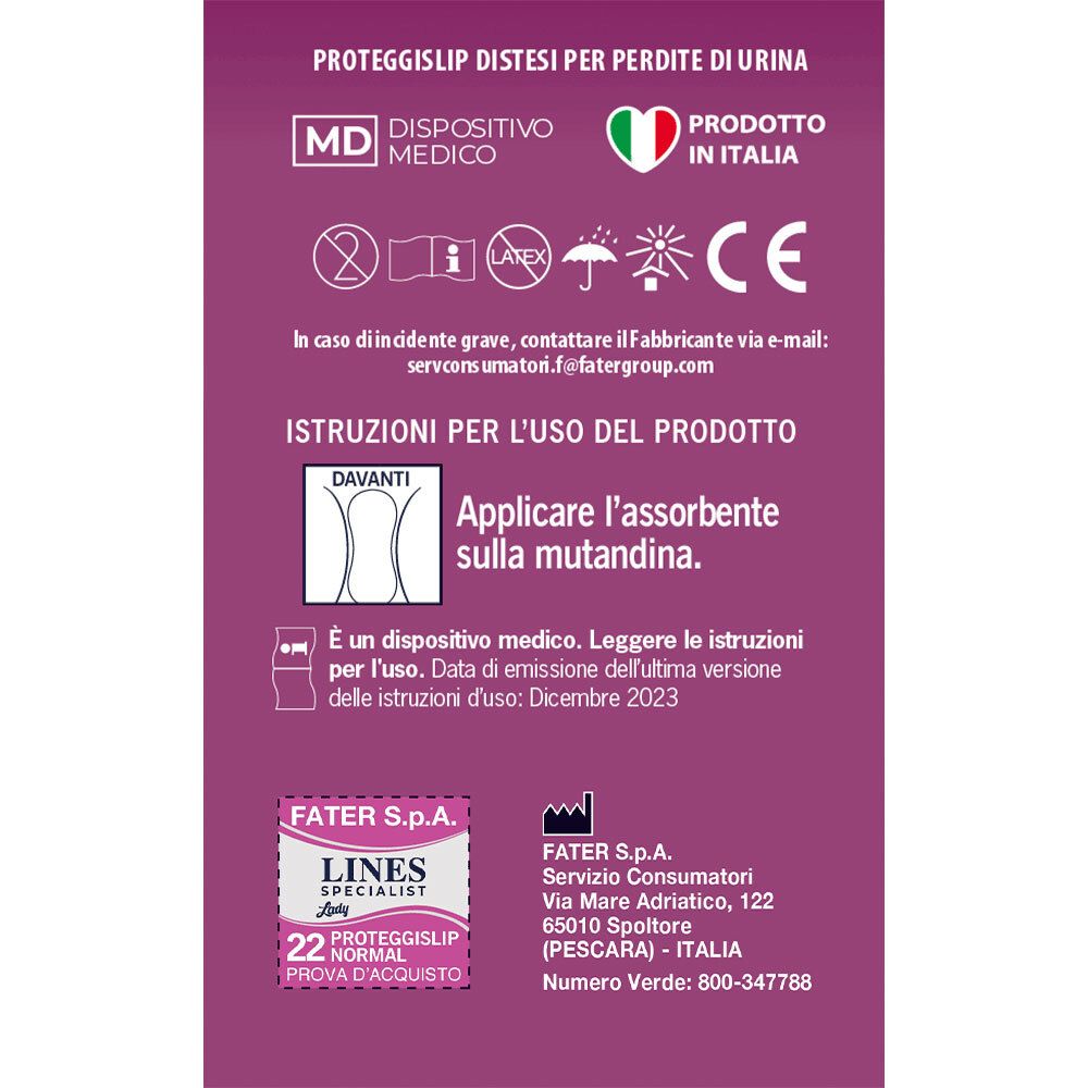 Retro della confezione Lines Specialist Lady Proteggislip Normal. Dispositivo medico, Prodotto in Italia, istruzioni per l'uso.