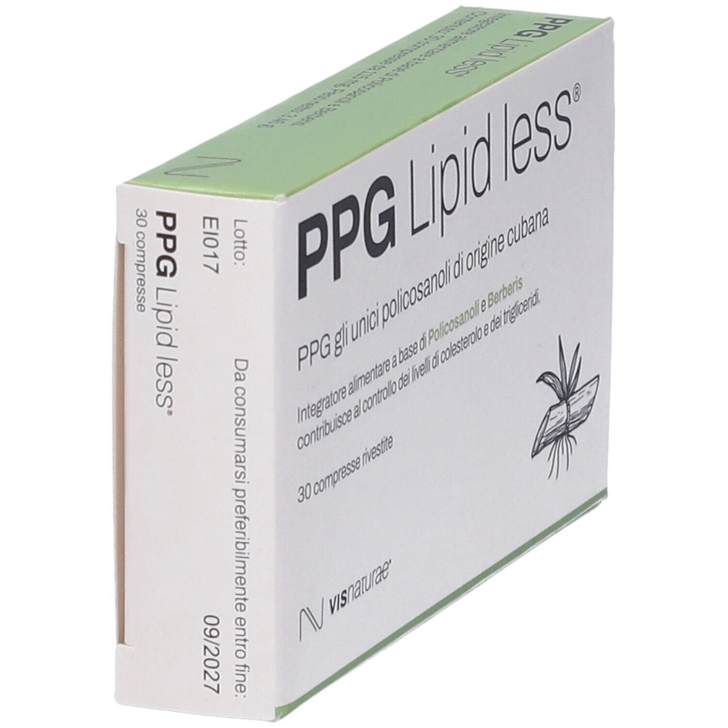 Scatola "PPG Lipid less". 30 compresse. Logo "Vis Naturae". Testo in italiano. Vista obliqua.