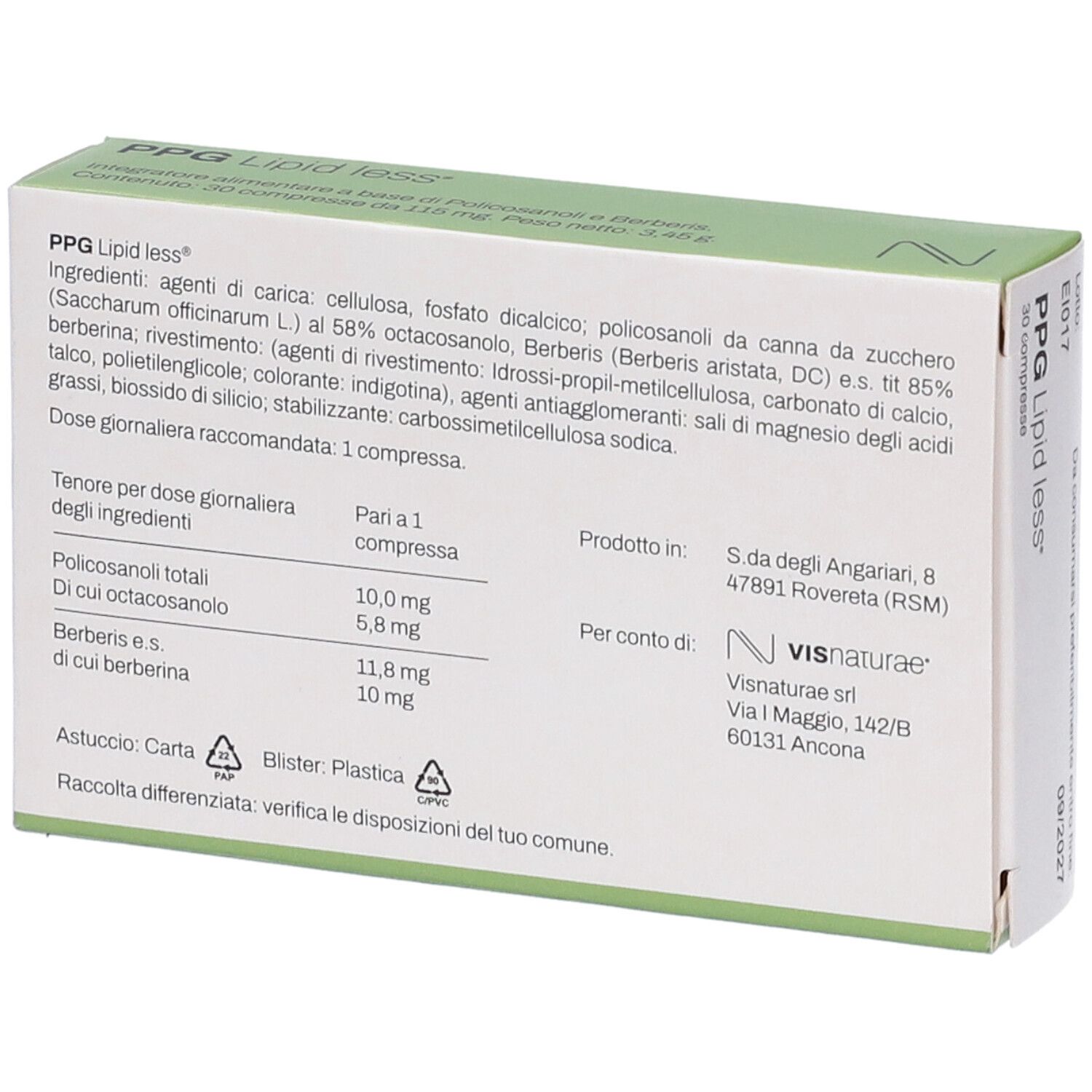 Retro scatola "PPG Lipid less". Ingredienti, dosaggio, informazioni produttore. Testo in italiano.