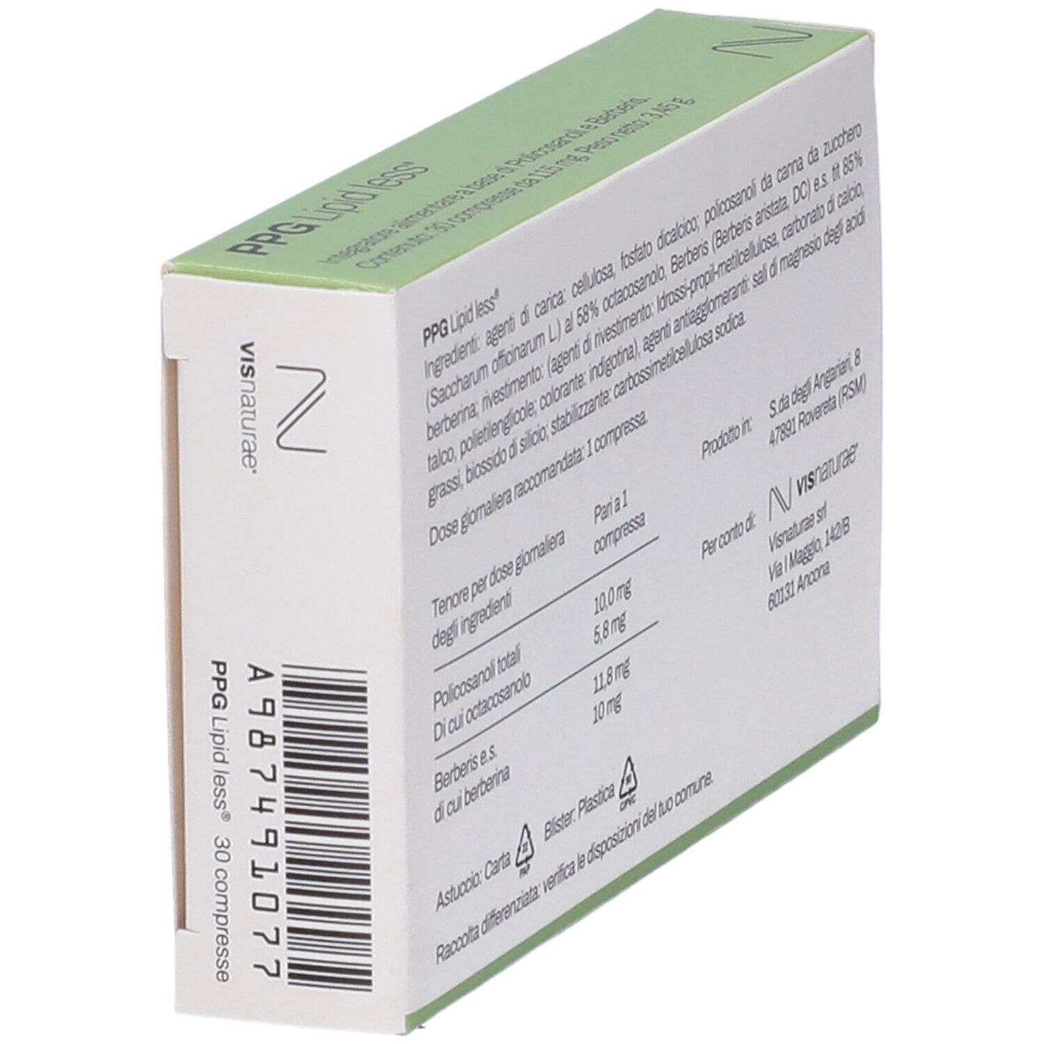 Scatola "PPG Lipid less". 30 compresse. Logo "Vis Naturae". Testo in italiano. Vista laterale.