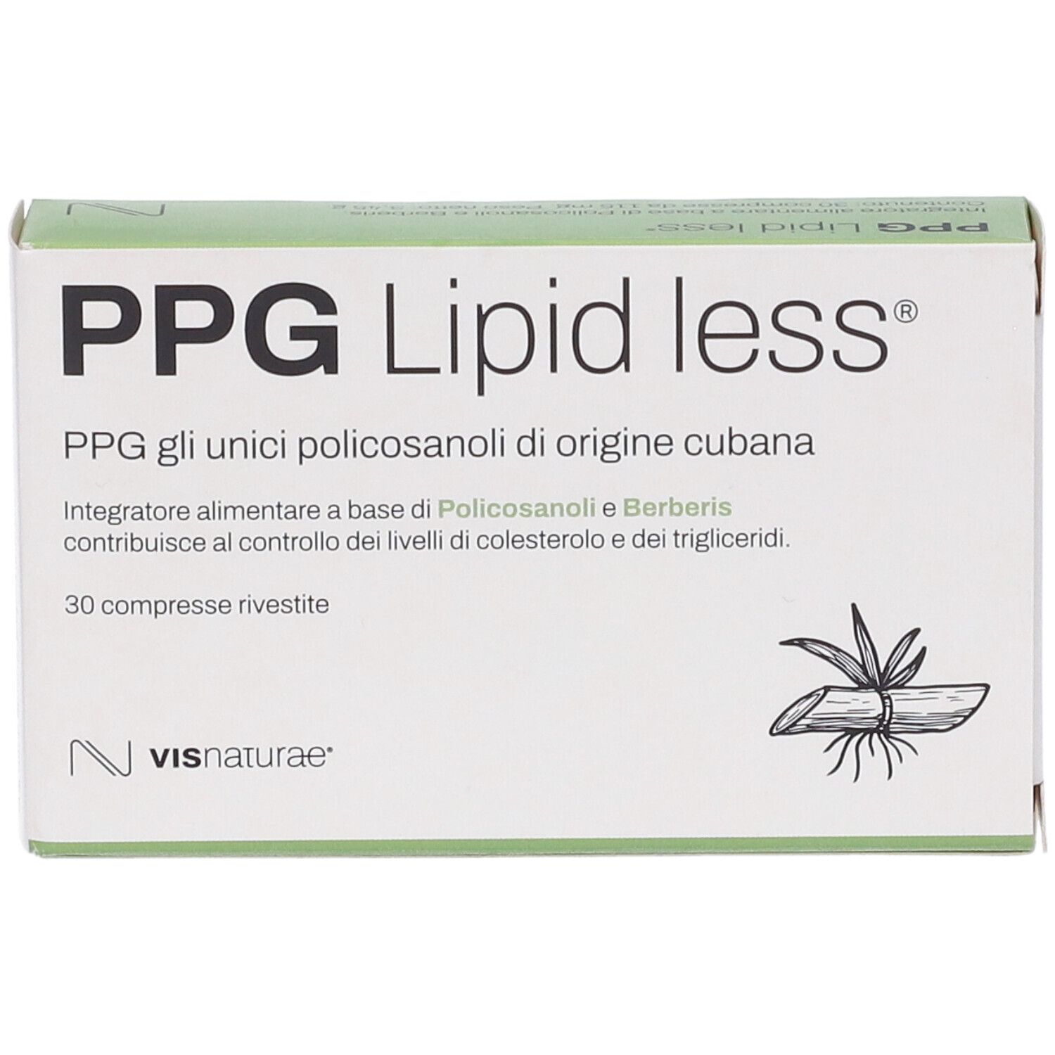 Scatola "PPG Lipid less". 30 compresse. Logo "Vis Naturae". Testo in italiano.