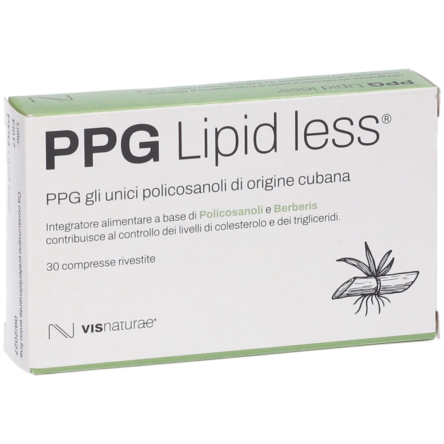 Scatola "PPG Lipid less". 30 compresse. Logo "Vis Naturae". Testo in italiano.