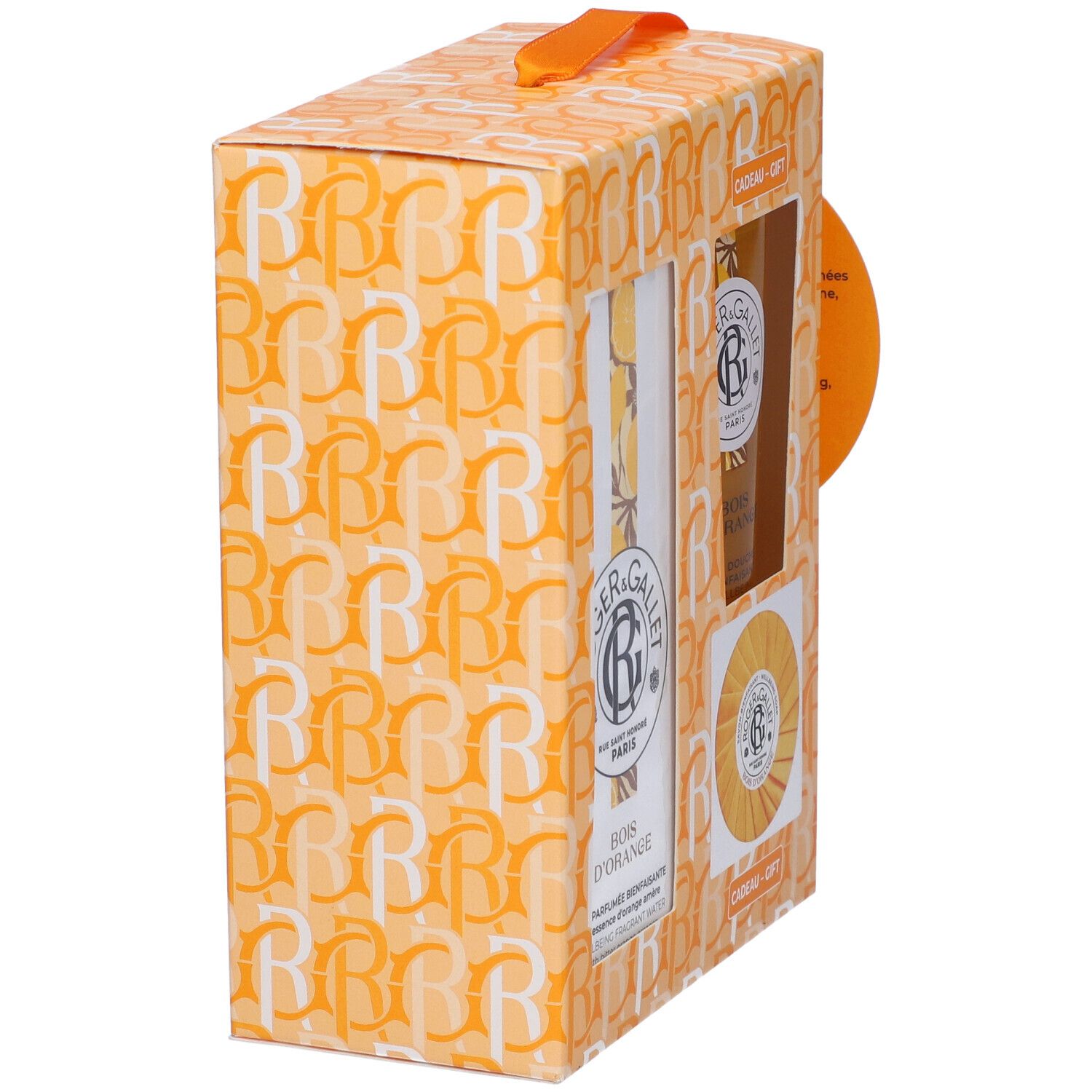 Scatola regalo arancione Roger & Gallet, vista laterale. Manico e logo visibili. Contiene acqua profumata, gel doccia, sapone.